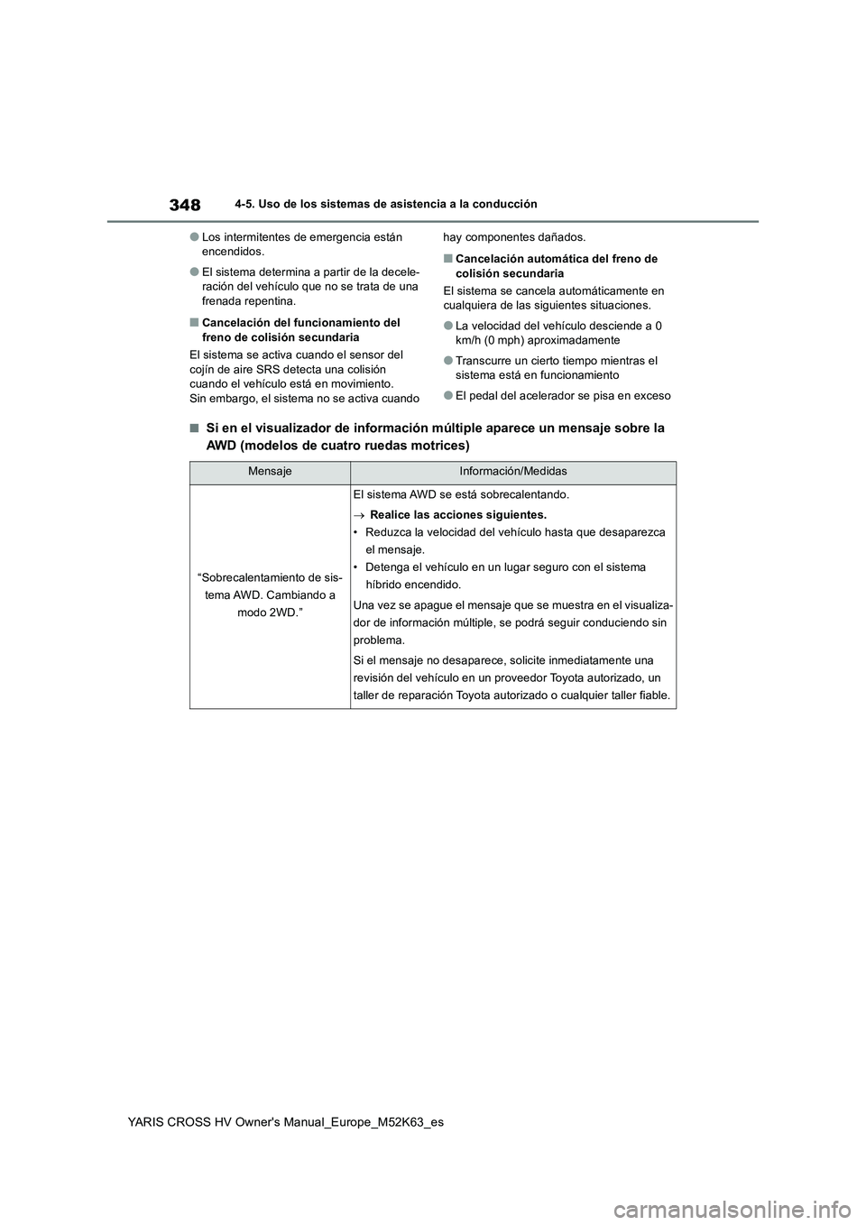 TOYOTA YARIS CROSS 2021  Manuale de Empleo (in Spanish) 348
YARIS CROSS HV Owner's Manual_Europe_M52K63_es
4-5. Uso de los sistemas de asistencia a la conducción
●Los intermitentes de emergencia están  encendidos.
●El sistema determina a partir d