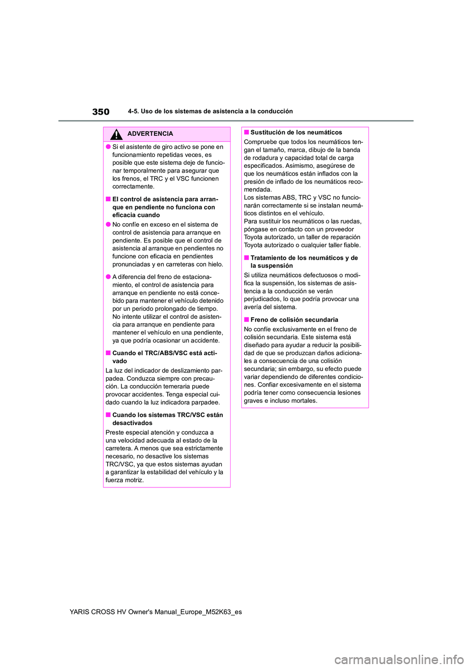 TOYOTA YARIS CROSS 2021  Manuale de Empleo (in Spanish) 350
YARIS CROSS HV Owner's Manual_Europe_M52K63_es
4-5. Uso de los sistemas de asistencia a la conducción
ADVERTENCIA
●Si el asistente de giro activo se pone en  
funcionamiento repetidas veces