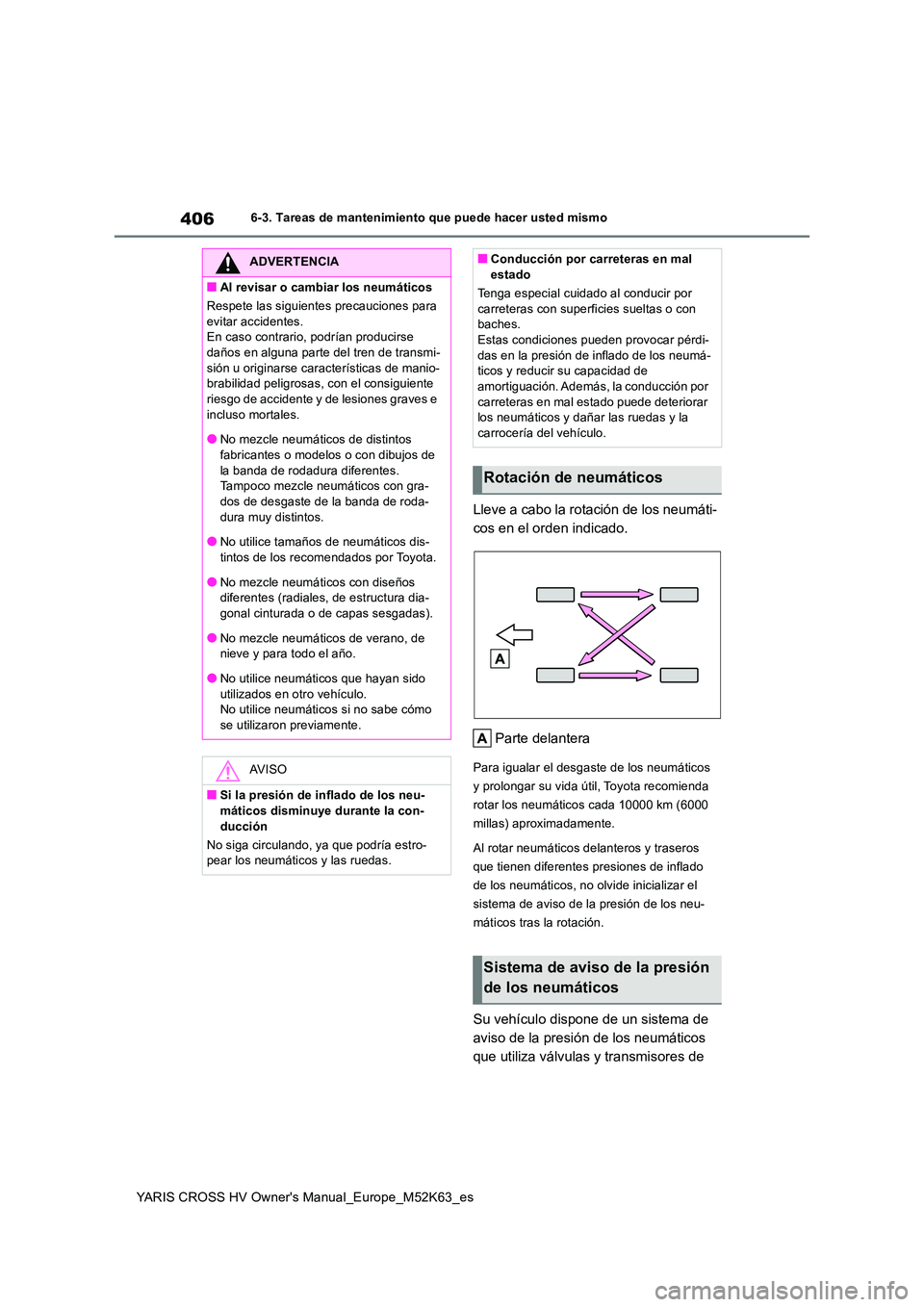 TOYOTA YARIS CROSS 2021  Manuale de Empleo (in Spanish) 406
YARIS CROSS HV Owner's Manual_Europe_M52K63_es
6-3. Tareas de mantenimiento que puede hacer usted mismo
Lleve a cabo la rotación de los neumáti- 
cos en el orden indicado. 
Parte delantera
P