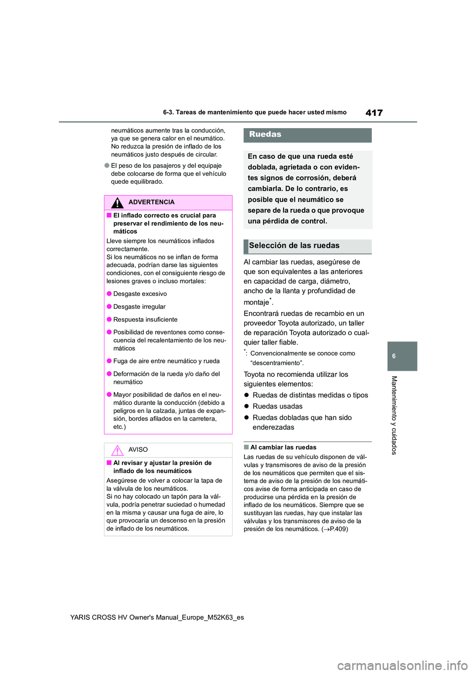 TOYOTA YARIS CROSS 2021  Manuale de Empleo (in Spanish) 417
6
YARIS CROSS HV Owner's Manual_Europe_M52K63_es
6-3. Tareas de mantenimiento que puede hacer usted mismo
Mantenimiento y cuidados
neumáticos aumente tras la conducción,  ya que se genera ca