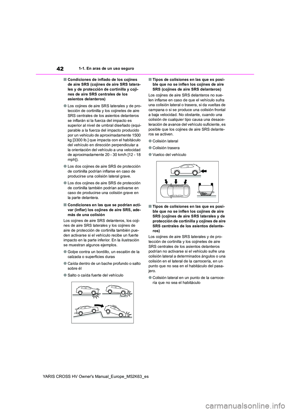 TOYOTA YARIS CROSS 2021  Manuale de Empleo (in Spanish) 42
YARIS CROSS HV Owner's Manual_Europe_M52K63_es
1-1. En aras de un uso seguro
■Condiciones de inflado de los cojines  de aire SRS (cojines de aire SRS latera-les y de protección de cortinilla