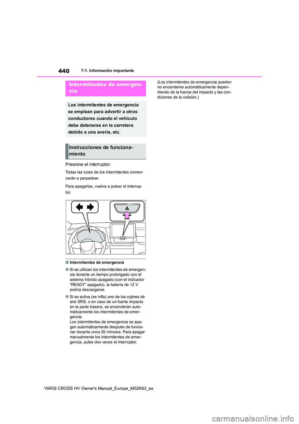 TOYOTA YARIS CROSS 2021  Manuale de Empleo (in Spanish) 440
YARIS CROSS HV Owner's Manual_Europe_M52K63_es
7-1. Información importante
7-1.In formación impo rtante
Presione el interruptor.
Todas las luces de los intermitentes comen- 
zarán a parpade
