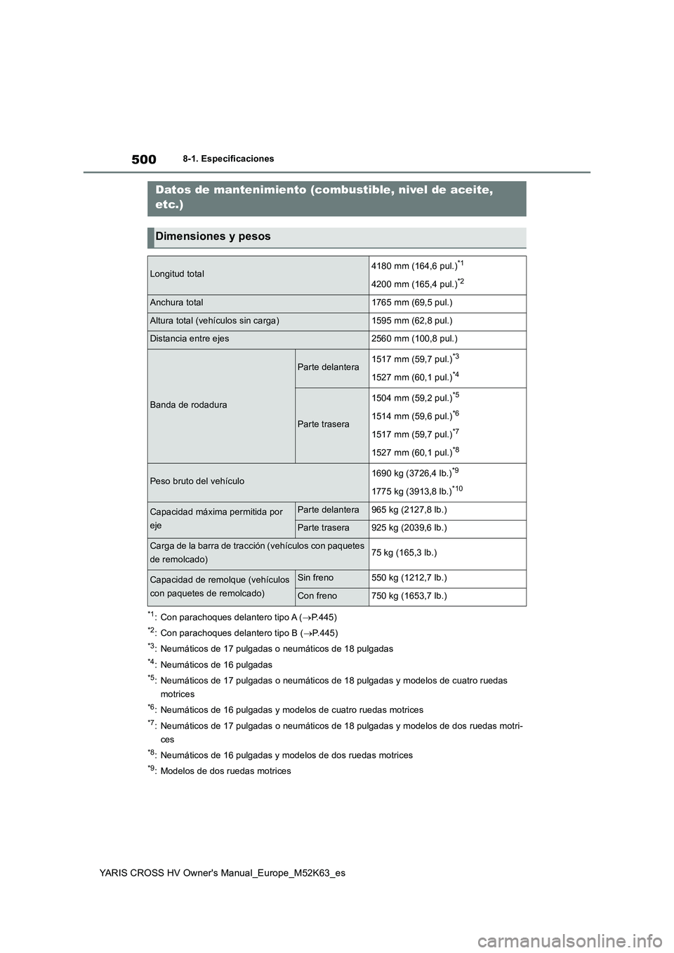 TOYOTA YARIS CROSS 2021  Manuale de Empleo (in Spanish) 500
YARIS CROSS HV Owner's Manual_Europe_M52K63_es
8-1. Especificaciones
8-1.Espe cificacione s
*1: Con parachoques delantero tipo A (P.445)
*2: Con parachoques delantero tipo B (P.445)
*3: 