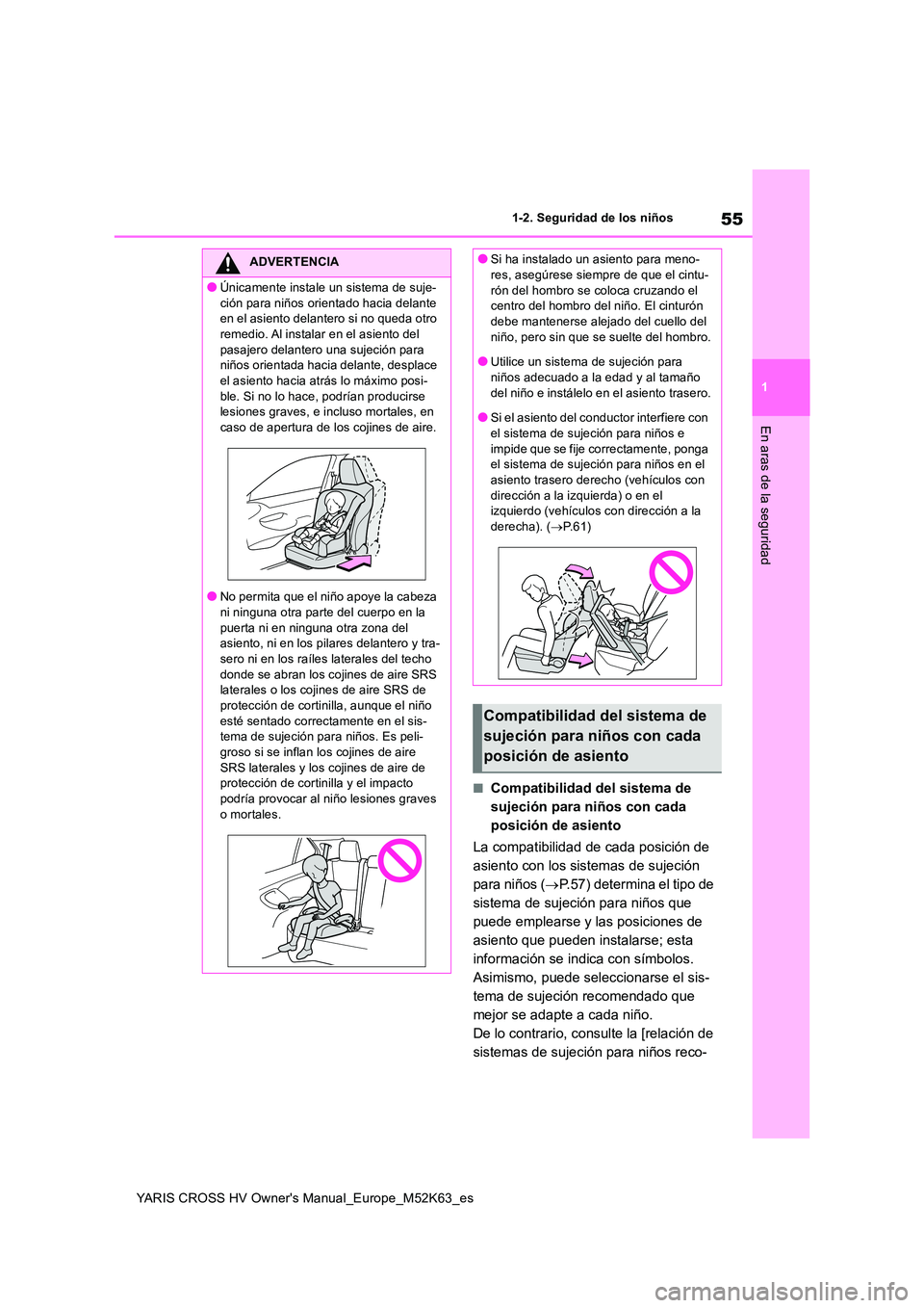 TOYOTA YARIS CROSS 2021  Manuale de Empleo (in Spanish) 55
1
YARIS CROSS HV Owner's Manual_Europe_M52K63_es
1-2. Seguridad de los niños
En aras de la seguridad
■Compatibilidad del sistema de  
sujeción para niños con cada 
posición de asiento 
La