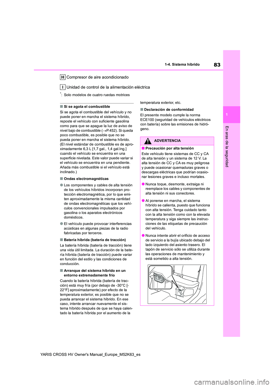 TOYOTA YARIS CROSS 2021  Manuale de Empleo (in Spanish) 83
1
YARIS CROSS HV Owner's Manual_Europe_M52K63_es
1-4. Sistema híbrido
En aras de la seguridad
Compresor de aire acondicionado 
Unidad de control de la alimentación eléctrica
*: Solo modelos 