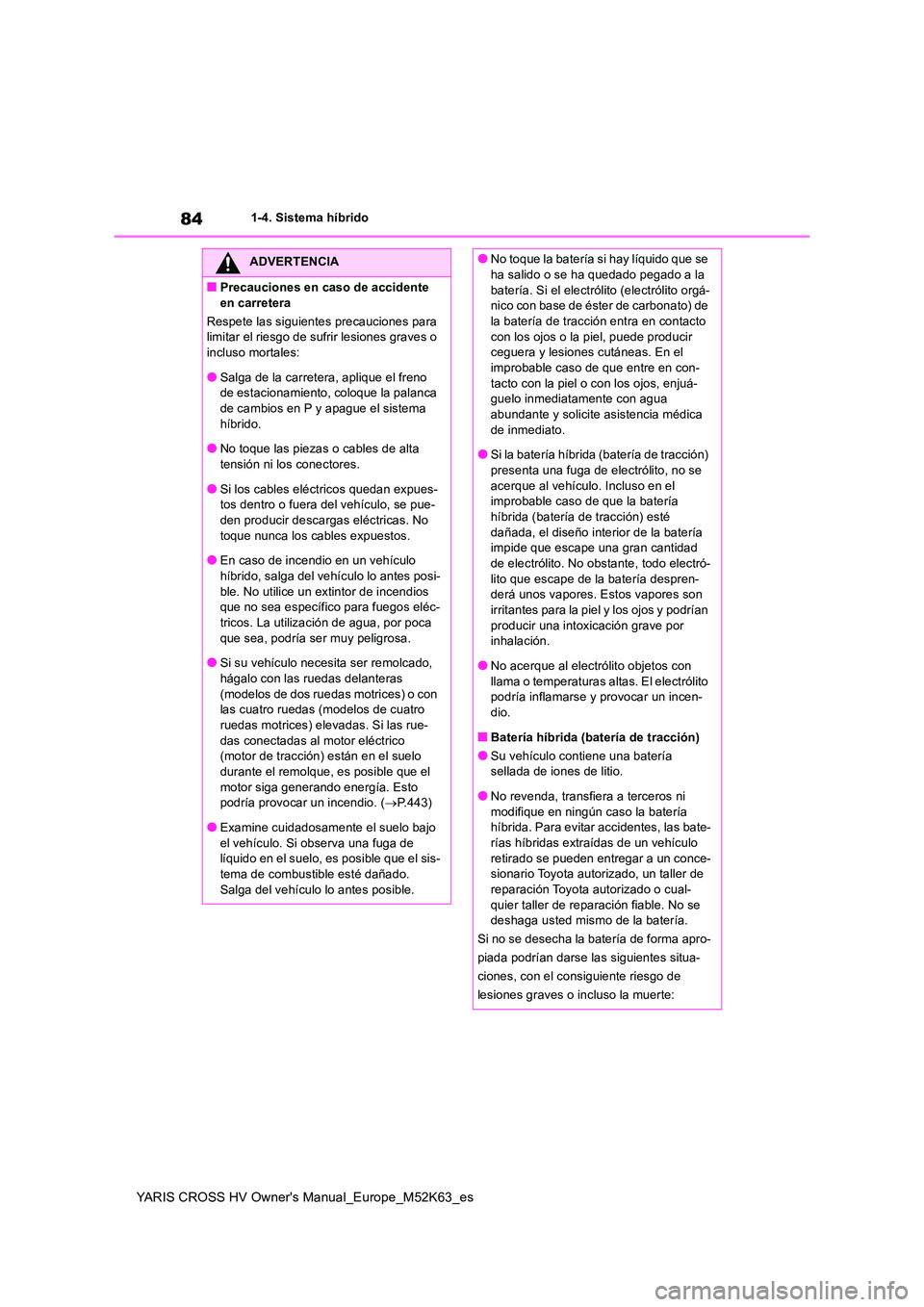 TOYOTA YARIS CROSS 2021  Manuale de Empleo (in Spanish) 84
YARIS CROSS HV Owner's Manual_Europe_M52K63_es
1-4. Sistema híbrido
ADVERTENCIA
■Precauciones en caso de accidente  
en carretera 
Respete las siguientes precauciones para  limitar el riesgo