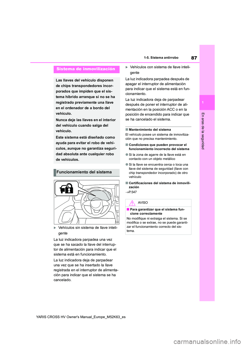 TOYOTA YARIS CROSS 2021  Manuale de Empleo (in Spanish) 87
1
YARIS CROSS HV Owner's Manual_Europe_M52K63_es
1-5. Sistema antirrobo
En aras de la seguridad
1-5.Siste ma  a ntirrobo
Vehículos sin sistema de llave inteli- 
gente 
La luz indicadora par