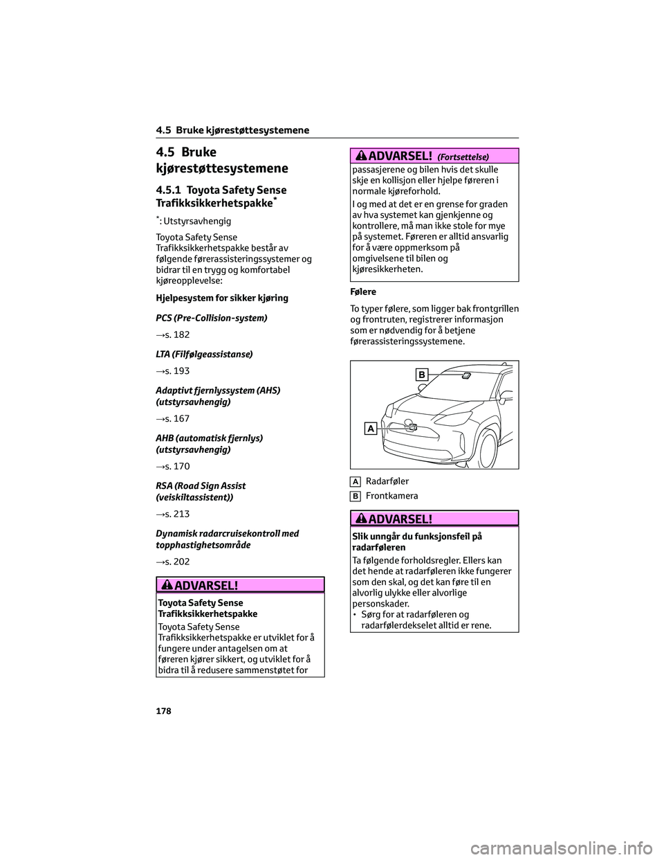 TOYOTA YARIS CROSS 2021 Instruksjoner for bruk (in Norwegian) 4.5 Bruke
kjørestøttesystemene
4.5.1 Toyota Safety Sense
Trafikksikkerhetspakke*
*: Utstyrsavhengig
Toyota Safety Sense
Trafikksikkerhetspakke består av
følgende førerassisteringssystemer og
bidr TOYOTA YARIS CROSS 2021 Instruksjoner for bruk (in Norwegian) 4.5 Bruke
kjørestøttesystemene
4.5.1 Toyota Safety Sense
Trafikksikkerhetspakke*
*: Utstyrsavhengig
Toyota Safety Sense
Trafikksikkerhetspakke består av
følgende førerassisteringssystemer og
bidr