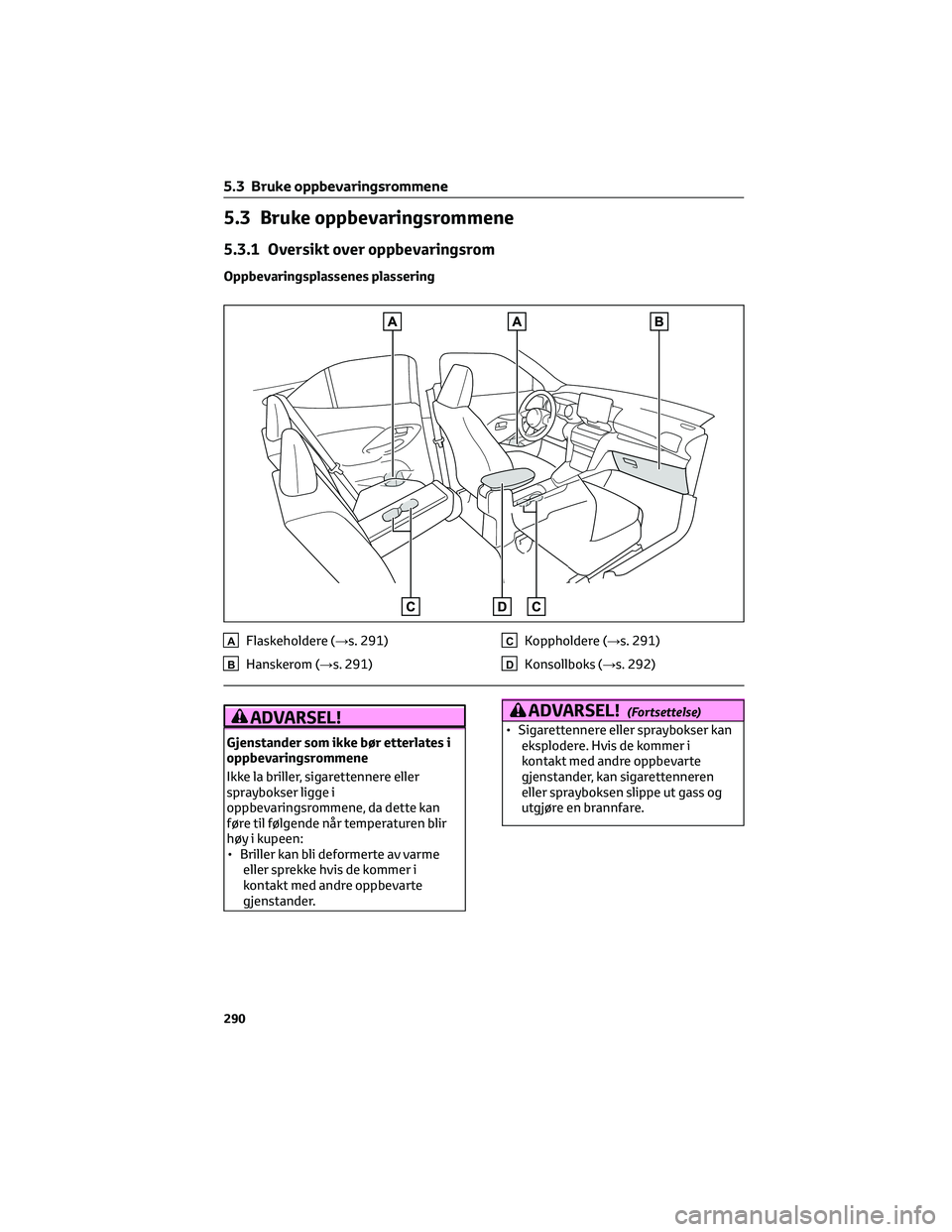 TOYOTA YARIS CROSS 2021  Instruksjoner for bruk (in Norwegian) 5.3 Bruke oppbevaringsrommene
5.3.1 Oversikt over oppbevaringsrom
Oppbevaringsplassenes plassering
AFlaskeholdere (→s. 291)
BHanskerom (→s. 291)
CKoppholdere (→s. 291)
DKonsollboks (→s. 292)
A