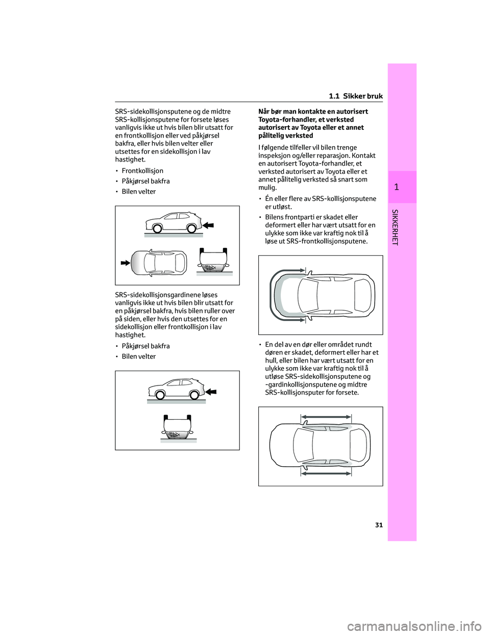 TOYOTA YARIS CROSS 2021  Instruksjoner for bruk (in Norwegian) SRS-sidekollisjonsputene og de midtre
SRS-kollisjonsputene for forsete løses
vanligvis ikke ut hvis bilen blir utsatt for
en frontkollisjon eller ved påkjørsel
bakfra, eller hvis bilen velter eller