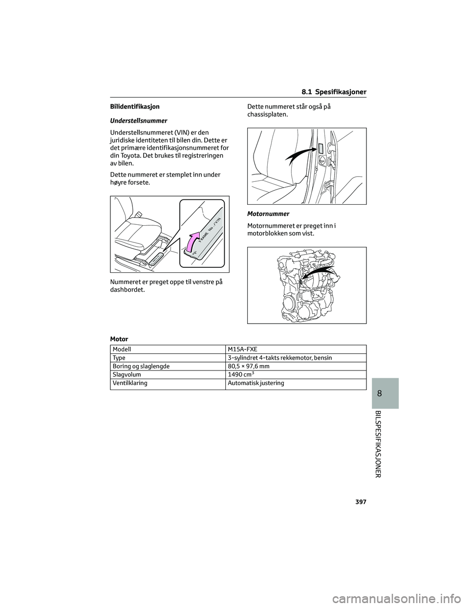 TOYOTA YARIS CROSS 2021  Instruksjoner for bruk (in Norwegian) Bilidentifikasjon
Understellsnummer
Understellsnummeret (VIN) er den
juridiske identiteten til bilen din. Dette er
det primære identifikasjonsnummeret for
din Toyota. Det brukes til registreringen
av
