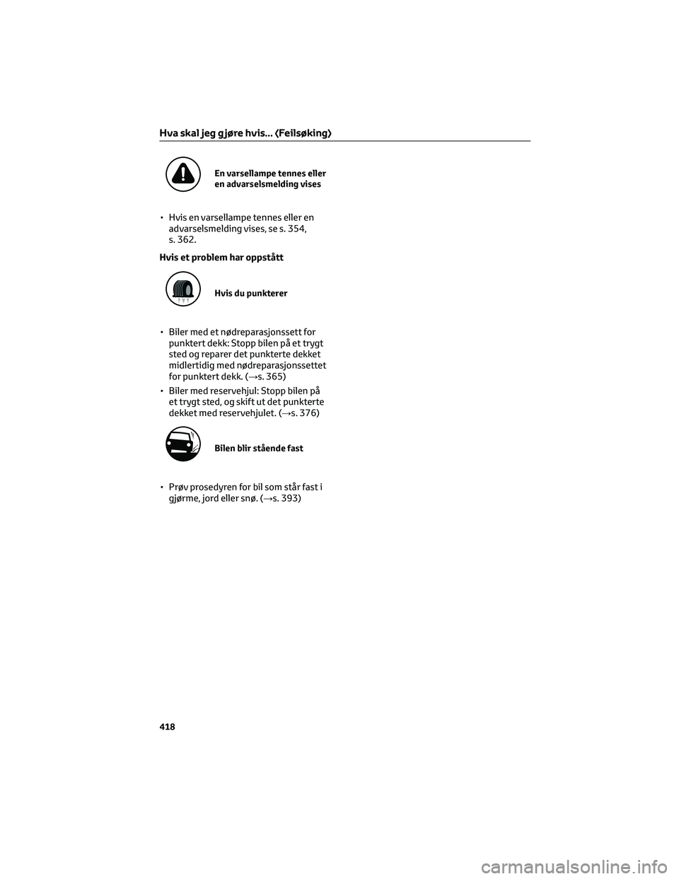TOYOTA YARIS CROSS 2021  Instruksjoner for bruk (in Norwegian) En varsellampe tennes eller
en advarselsmelding vises
• Hvis en varsellampe tennes eller en
advarselsmelding vises, se s. 354,
s. 362.
Hvis et problem har oppstått
Hvis du punkterer
• Biler med e