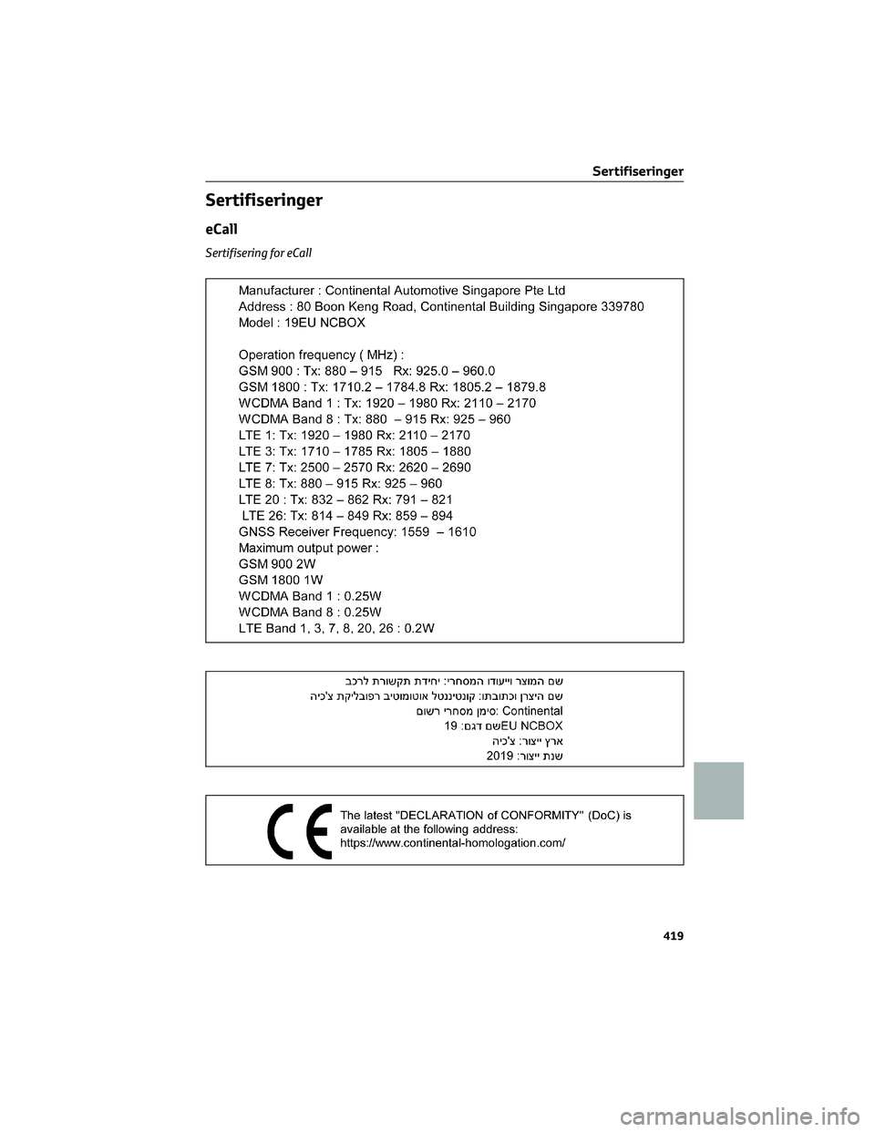 TOYOTA YARIS CROSS 2021  Instruksjoner for bruk (in Norwegian) Sertifiseringer
eCall
Sertifisering for eCall
Sertifiseringer
419 