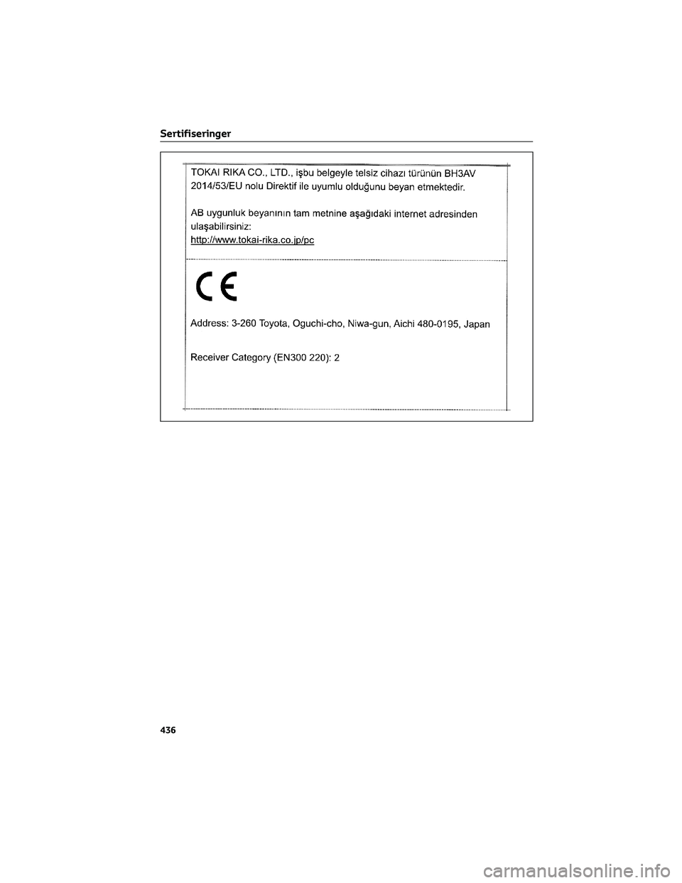 TOYOTA YARIS CROSS 2021  Instruksjoner for bruk (in Norwegian) Sertifiseringer
436 