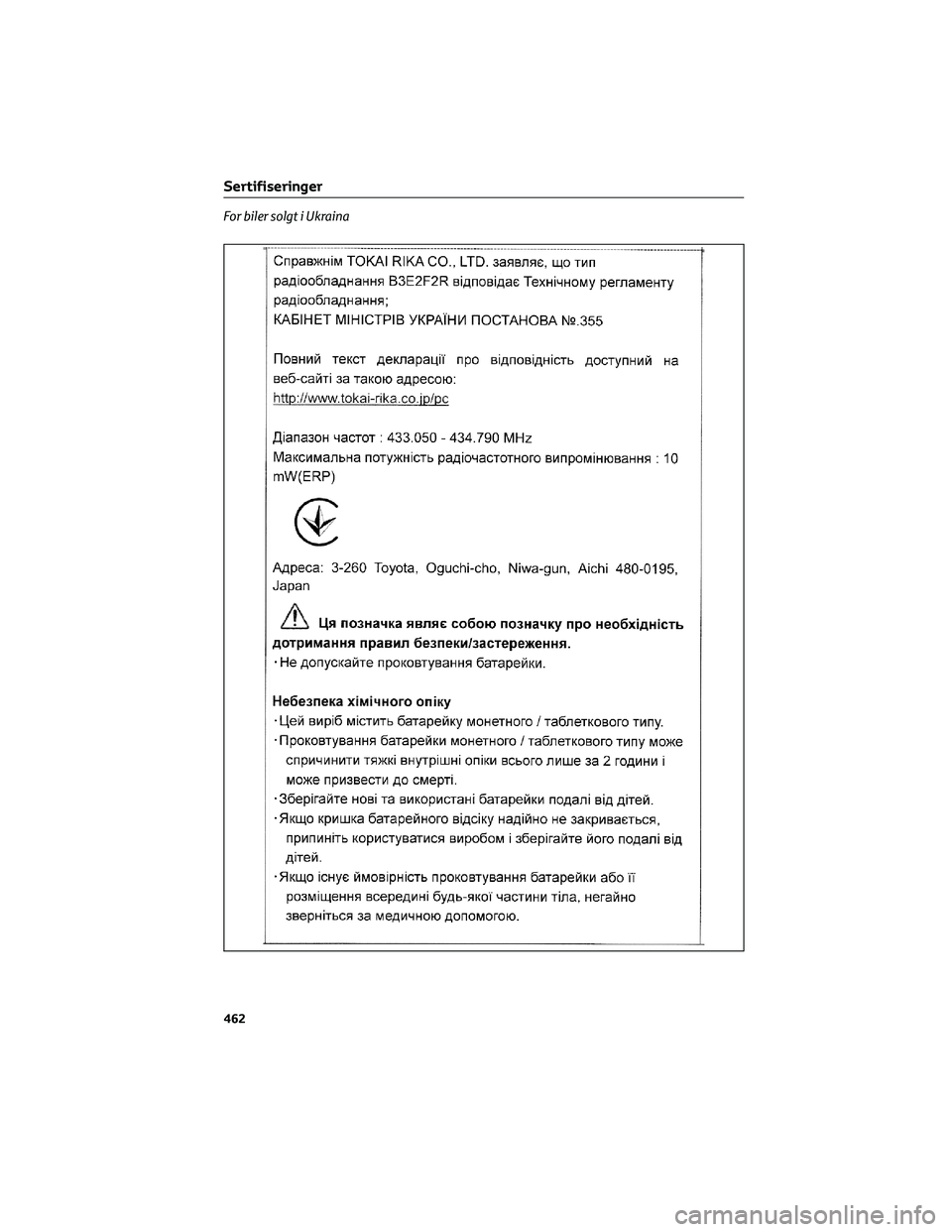 TOYOTA YARIS CROSS 2021  Instruksjoner for bruk (in Norwegian) For biler solgt i Ukraina
Sertifiseringer
462 