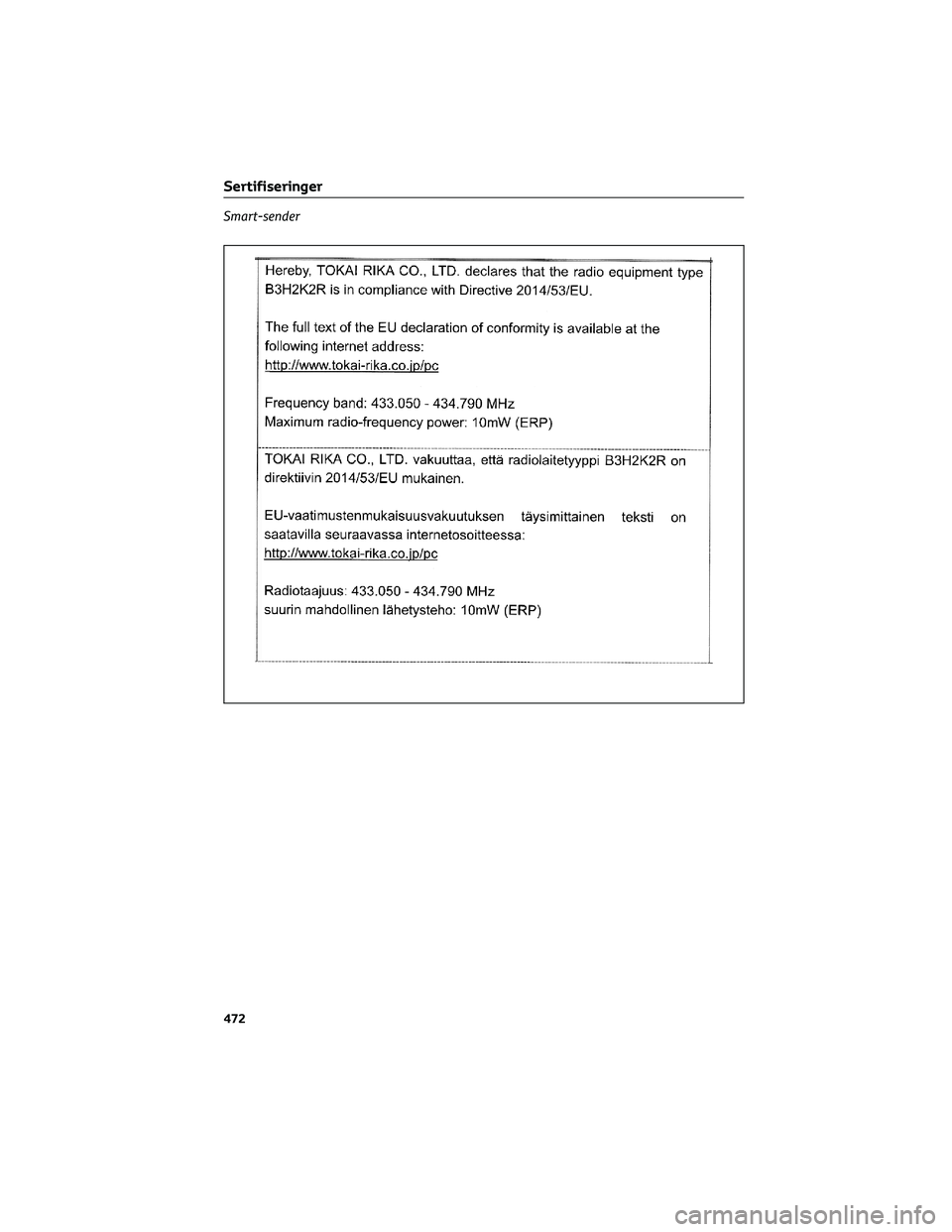 TOYOTA YARIS CROSS 2021  Instruksjoner for bruk (in Norwegian) Smart-sender
Sertifiseringer
472 