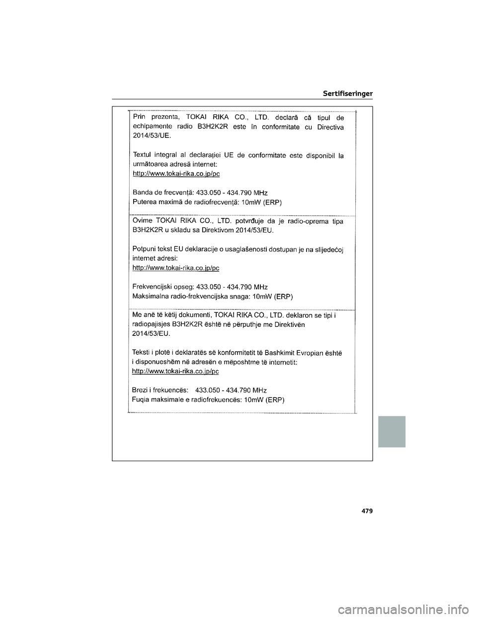 TOYOTA YARIS CROSS 2021  Instruksjoner for bruk (in Norwegian) Sertifiseringer
479 
