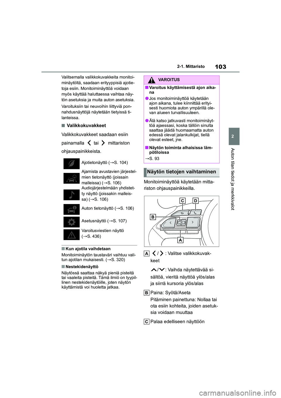 TOYOTA YARIS CROSS 2021  Omistajan Käsikirja (in Finnish) 103
2
YARIS CROSS Owners Manual_Europe_OM52K60FI
2-1. Mittaristo
Auton tilan tiedot ja merkkivalot
Valitsemalla valikkokuvakkeita monitoi-
minäytöltä, saadaan erityyppisiä ajotie-
toja esiin. Mon