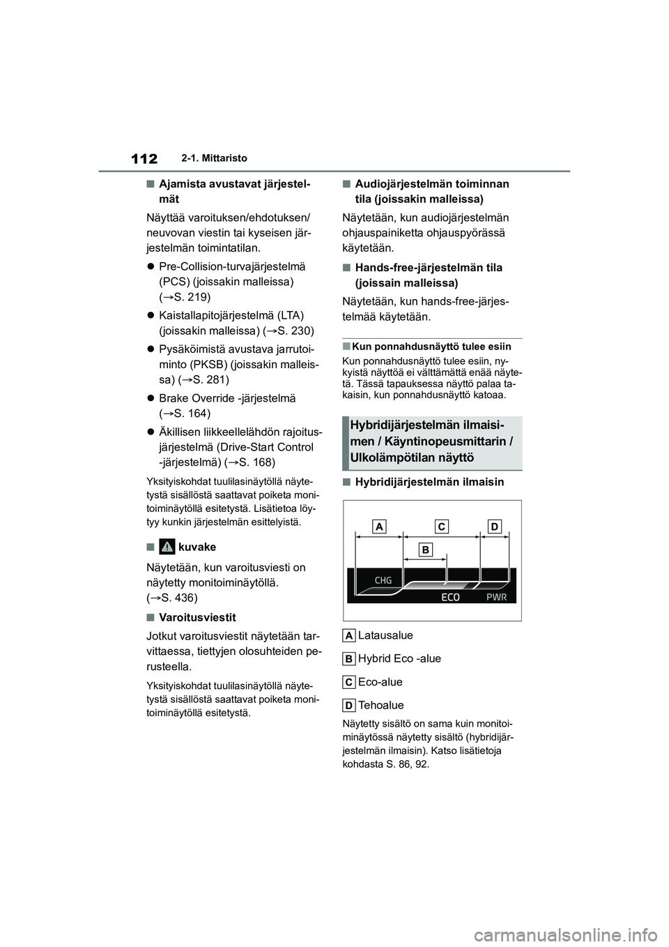 TOYOTA YARIS CROSS 2021  Omistajan Käsikirja (in Finnish) 112
YARIS CROSS Owners Manual_Europe_OM52K60FI
2-1. Mittaristo
nAjamista avustavat järjestel-
mät
Näyttää varoituksen/ehdotuksen/
neuvovan viestin tai kyseisen jär-
jestelmän to imintatilan.
