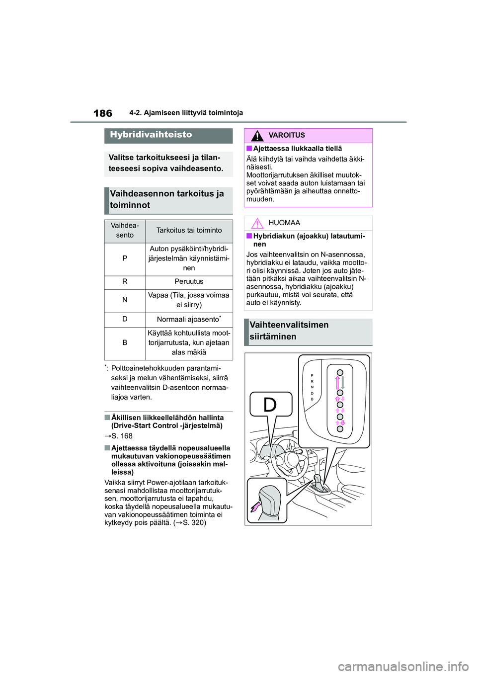 TOYOTA YARIS CROSS 2021  Omistajan Käsikirja (in Finnish) 186
YARIS CROSS Owners Manual_Europe_OM52K60FI
4-2. Ajamiseen liittyviä toimintoja
*: Polttoainetehokkuuden parantami-seksi ja melun vähentämiseksi, siirrä 
vaihteenvalitsin D-asentoon normaa-
li