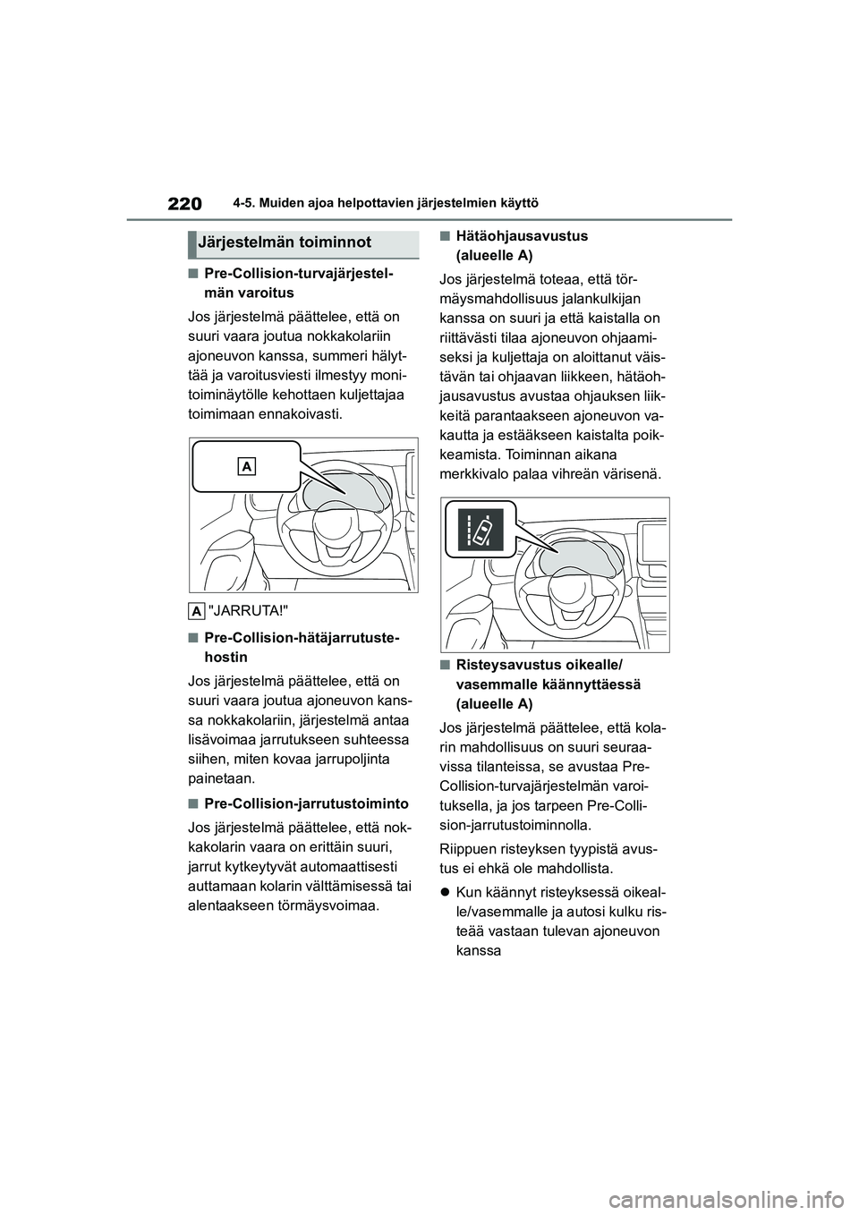 TOYOTA YARIS CROSS 2021  Omistajan Käsikirja (in Finnish) 220
YARIS CROSS Owners Manual_Europe_OM52K60FI
4-5. Muiden ajoa helpottavien järjestelmien käyttö
nPre-Collision-turvajärjestel-
män varoitus
Jos järjestelmä päättelee, että on 
suuri vaara
