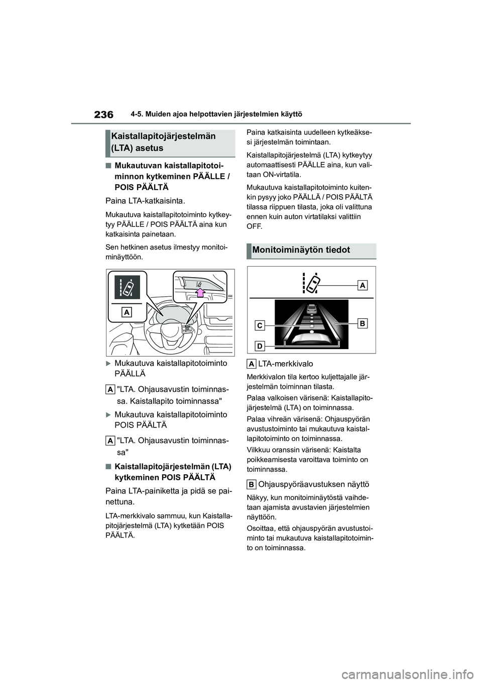 TOYOTA YARIS CROSS 2021  Omistajan Käsikirja (in Finnish) 236
YARIS CROSS Owners Manual_Europe_OM52K60FI
4-5. Muiden ajoa helpottavien järjestelmien käyttö
nMukautuvan kaistallapitotoi-
minnon kytkeminen PÄÄLLE / 
POIS PÄÄLTÄ
Paina LTA-katkaisinta.
