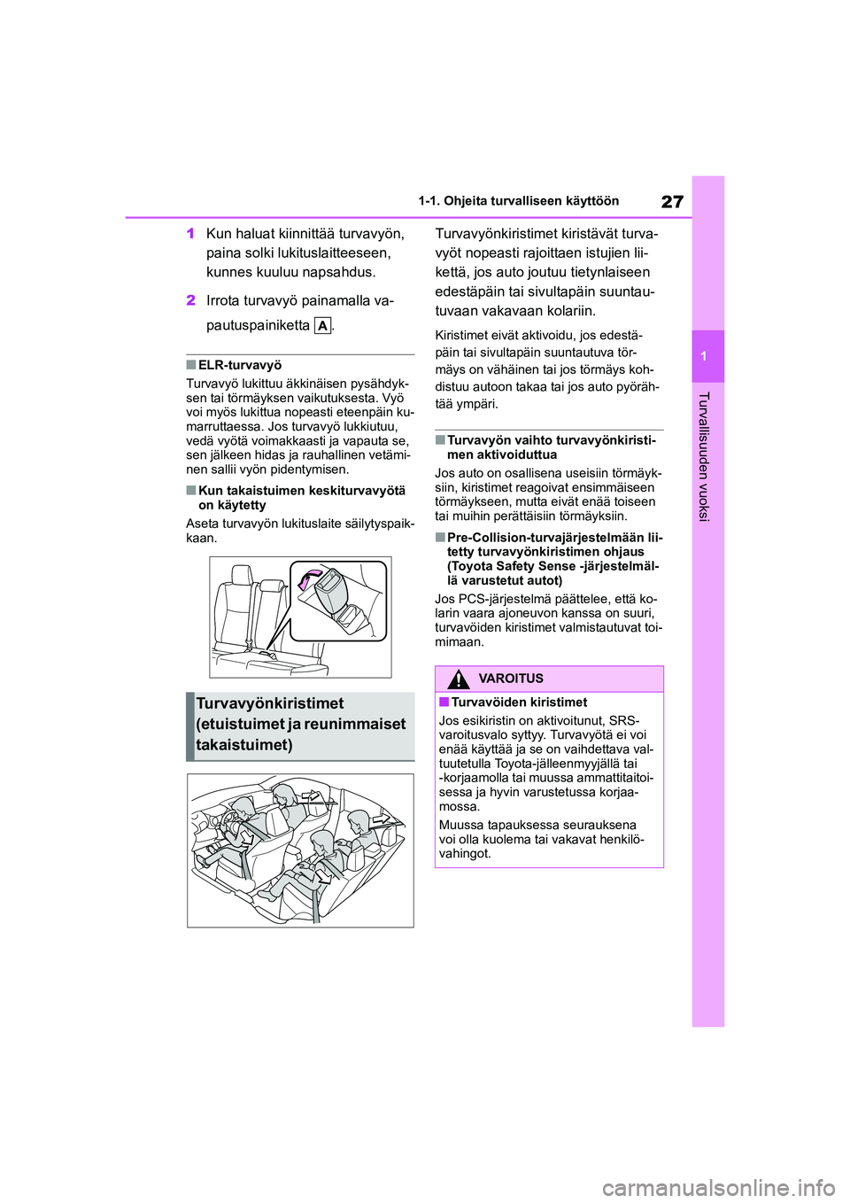 TOYOTA YARIS CROSS 2021  Omistajan Käsikirja (in Finnish) 27
1
YARIS CROSS Owners Manual_Europe_OM52K60FI
1-1. Ohjeita turvalliseen käyttöön
Turvallisuuden vuoksi
1Kun haluat kiinnittää turvavyön, 
paina solki lukituslaitteeseen, 
kunnes kuuluu napsah