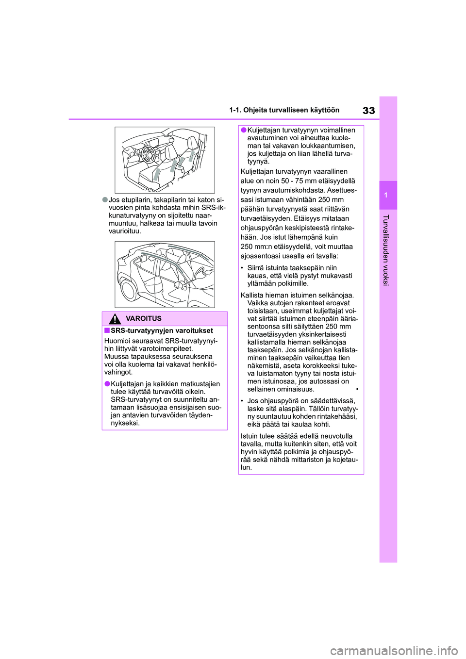 TOYOTA YARIS CROSS 2021  Omistajan Käsikirja (in Finnish) 33
1
YARIS CROSS Owners Manual_Europe_OM52K60FI
1-1. Ohjeita turvalliseen käyttöön
Turvallisuuden vuoksi
lJos etupilarin, takapilarin tai katon si-
vuosien pinta kohdasta mihin SRS-ik-
kunaturvaty