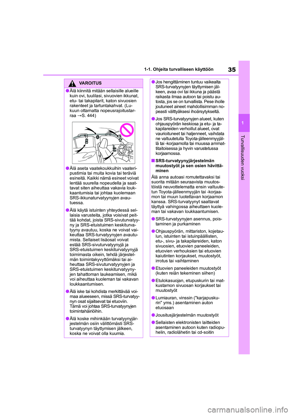 TOYOTA YARIS CROSS 2021  Omistajan Käsikirja (in Finnish) 35
1
YARIS CROSS Owners Manual_Europe_OM52K60FI
1-1. Ohjeita turvalliseen käyttöön
Turvallisuuden vuoksi
VAROITUS
lÄlä kiinnitä mitään sellaisille alueille 
kuin ovi, tuulilasi, sivuovien ikk