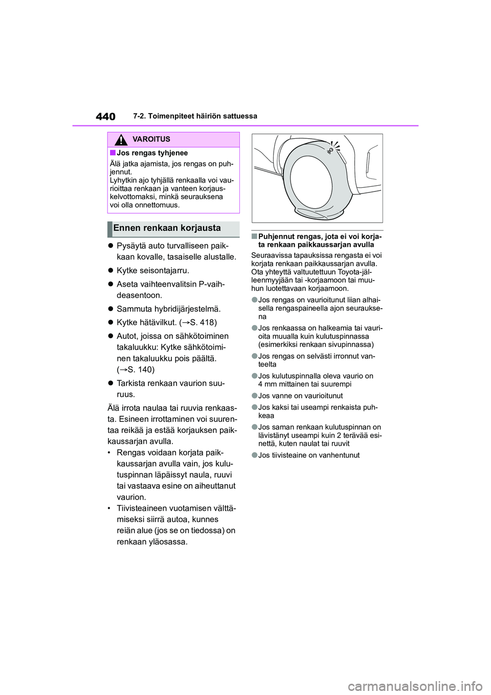 TOYOTA YARIS CROSS 2021  Omistajan Käsikirja (in Finnish) 440
YARIS CROSS Owners Manual_Europe_OM52K60FI
7-2. Toimenpiteet häiriön sattuessa
Pysäytä auto turvalliseen paik-
kaan kovalle, tasaiselle alustalle.
 Kytke seisontajarru.
 Aseta vaihte