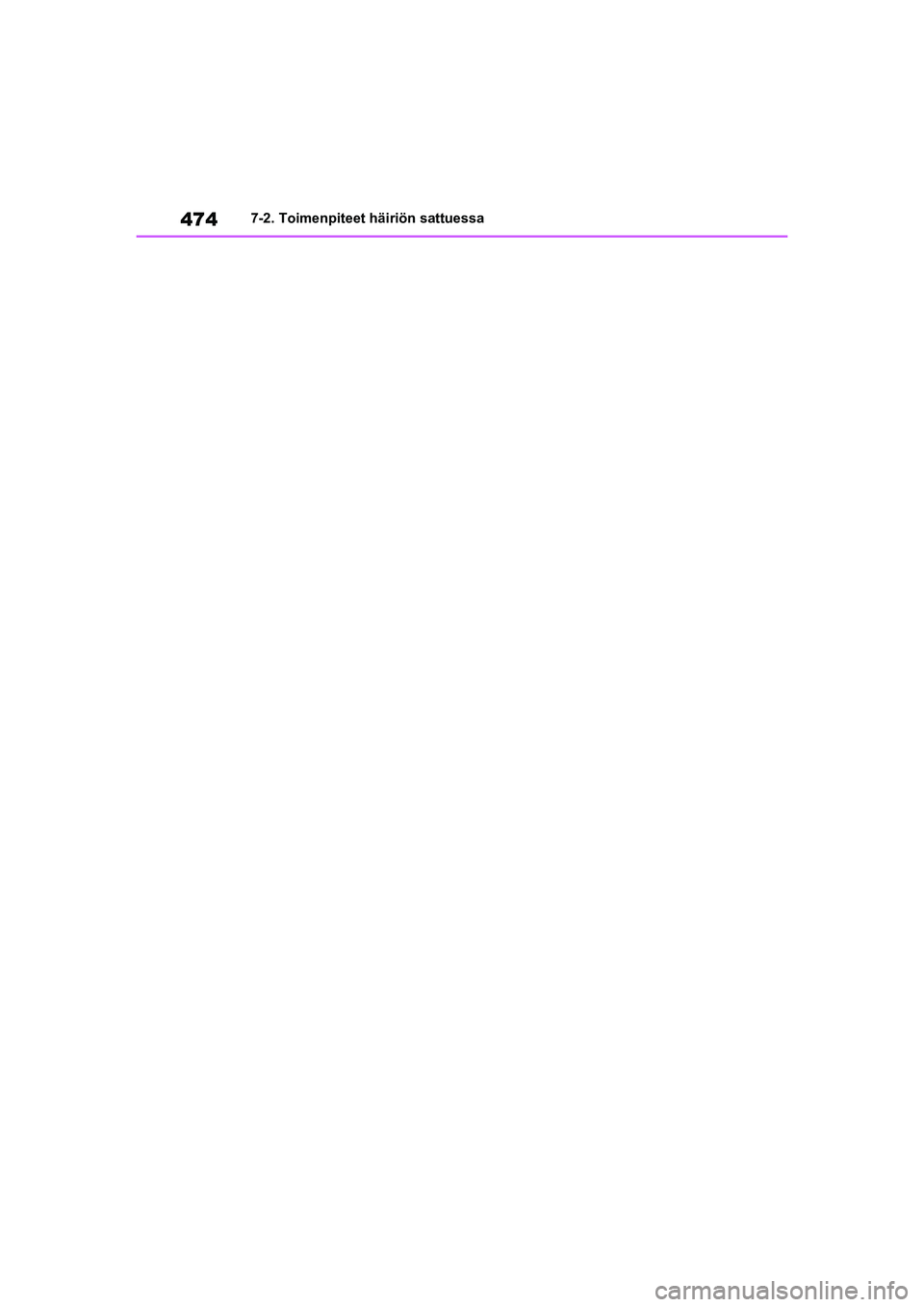 TOYOTA YARIS CROSS 2021  Omistajan Käsikirja (in Finnish) 474
YARIS CROSS Owners Manual_Europe_OM52K60FI
7-2. Toimenpiteet häiriön sattuessa
OM52K60FI.book  Page 474  Monday, July 19, 2021  3:43 PM 