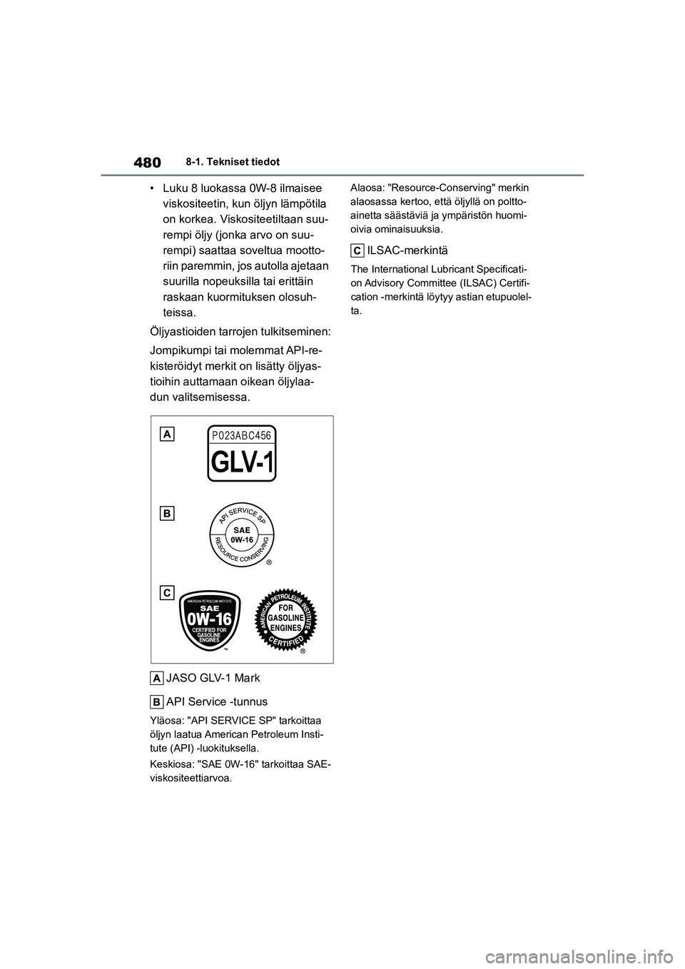 TOYOTA YARIS CROSS 2021  Omistajan Käsikirja (in Finnish) 480
YARIS CROSS Owners Manual_Europe_OM52K60FI
8-1. Tekniset tiedot
• Luku 8 luokassa 0W-8 ilmaisee viskositeetin, kun öljyn lämpötila 
on korkea. Viskositeetiltaan suu-
rempi öljy (jonka arvo 