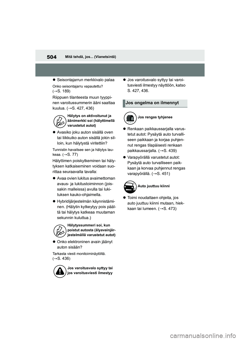 TOYOTA YARIS CROSS 2021  Omistajan Käsikirja (in Finnish) 504
YARIS CROSS Owners Manual_Europe_OM52K60FI
Mitä tehdä, jos... (Vianetsintä)
Seisontajarrun merkkivalo palaa
Onko seisontajarru vapautettu? 
(
S. 189)
Riippuen tilanteesta muun tyyppi-
ne