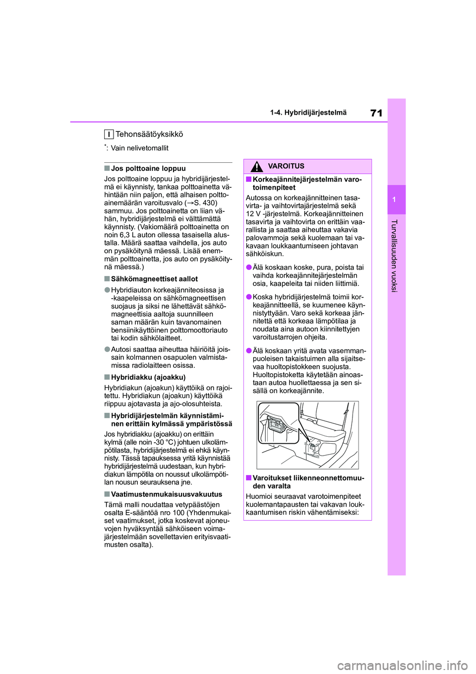 TOYOTA YARIS CROSS 2021  Omistajan Käsikirja (in Finnish) 71
1
YARIS CROSS Owners Manual_Europe_OM52K60FI
1-4. Hybridijärjestelmä
Turvallisuuden vuoksi
Tehonsäätöyksikkö
*: Vain nelivetomallit
nJos polttoaine loppuu
Jos polttoaine loppuu ja hybridijä
