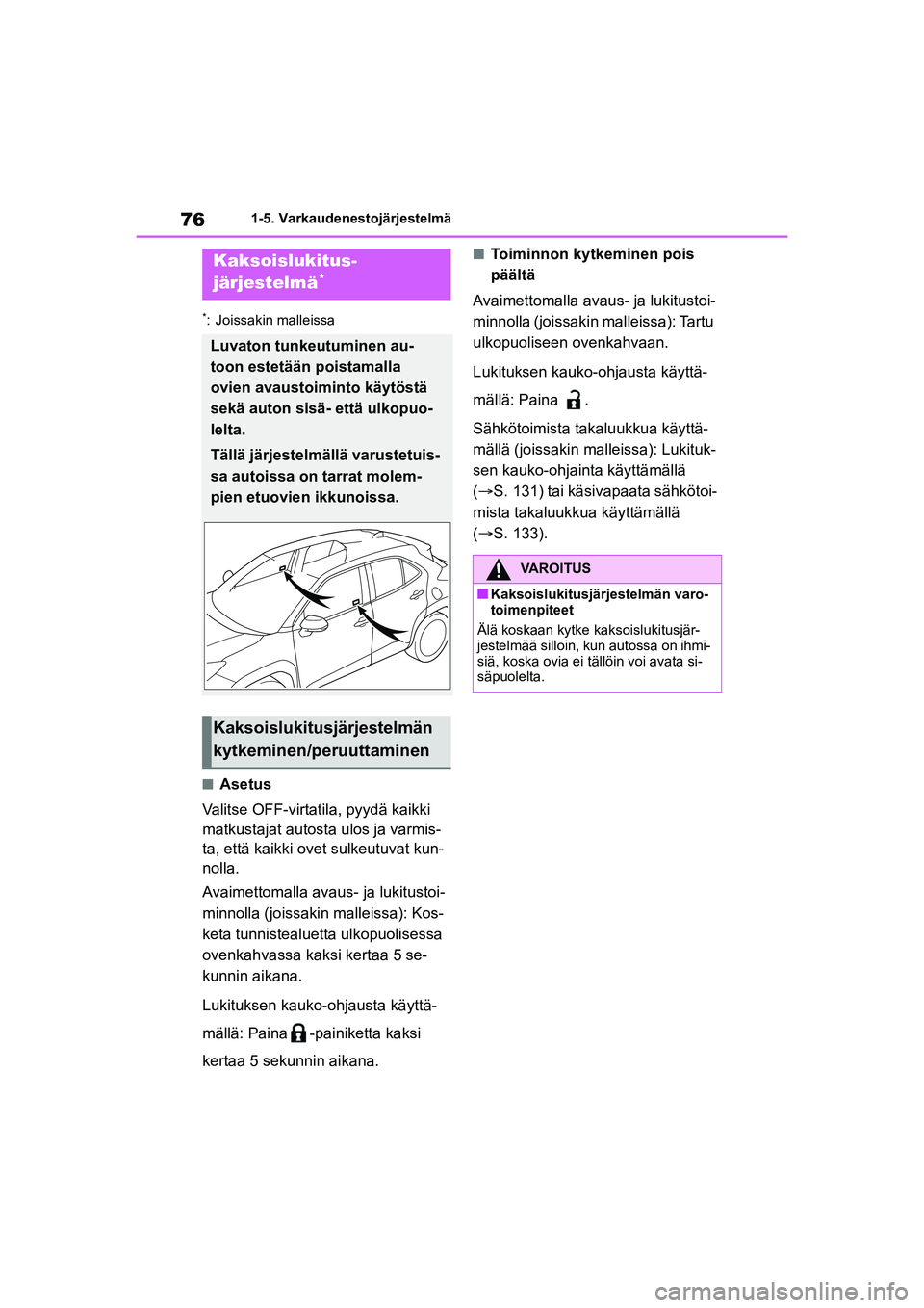 TOYOTA YARIS CROSS 2021  Omistajan Käsikirja (in Finnish) 76
YARIS CROSS Owners Manual_Europe_OM52K60FI
1-5. Varkaudenestojärjestelmä
*: Joissakin malleissa
nAsetus
Valitse OFF-virtatila, pyydä kaikki 
matkustajat autosta ulos ja varmis-
ta, että kaikki