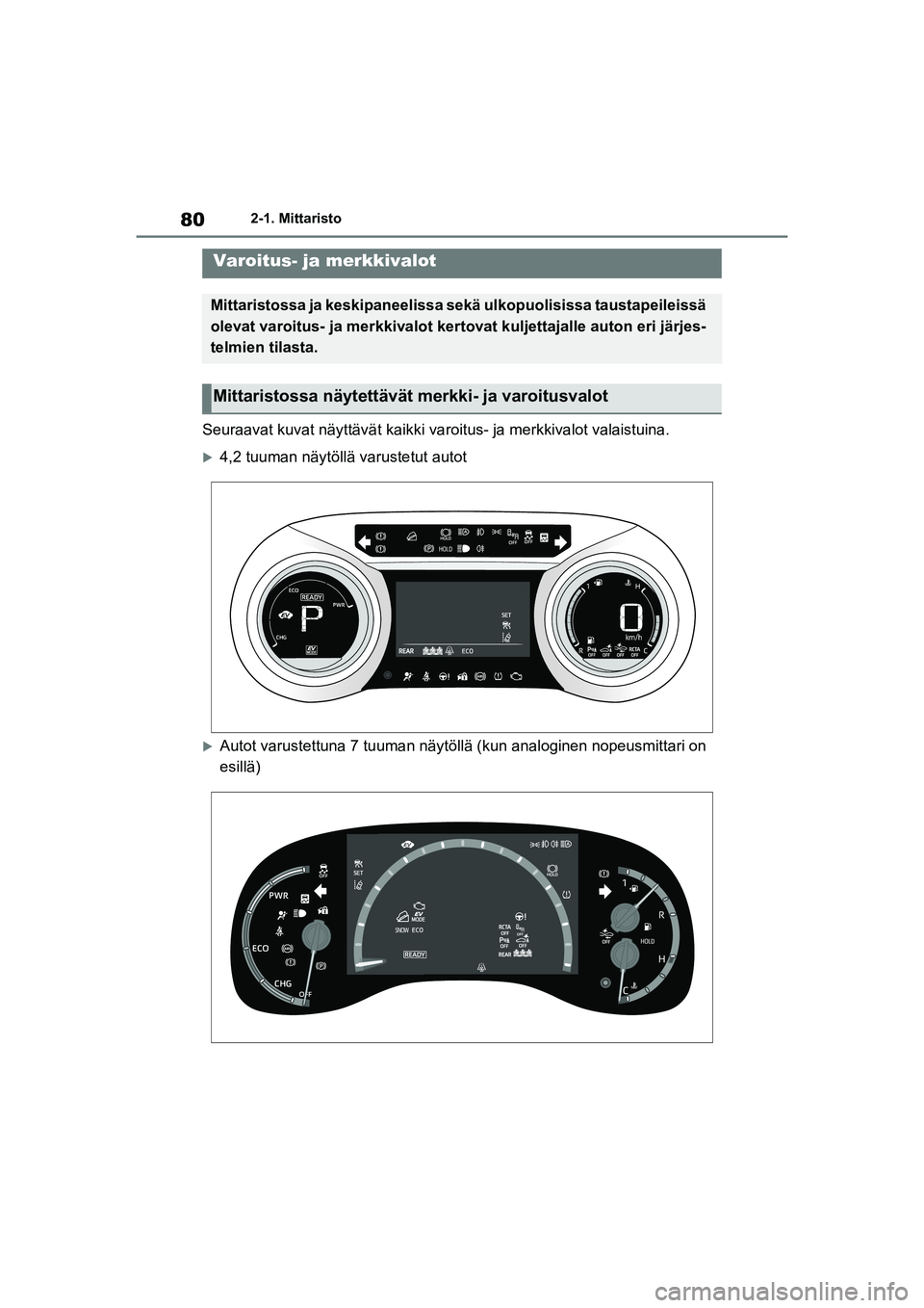 TOYOTA YARIS CROSS 2021  Omistajan Käsikirja (in Finnish) 80
YARIS CROSS Owners Manual_Europe_OM52K60FI
2-1. Mittaristo
2-1.Mittaristo
Seuraavat kuvat näyttävät kaikki varoitus- ja merkkivalot valaistuina.
4,2 tuuman näytöllä varustetut autot
Au