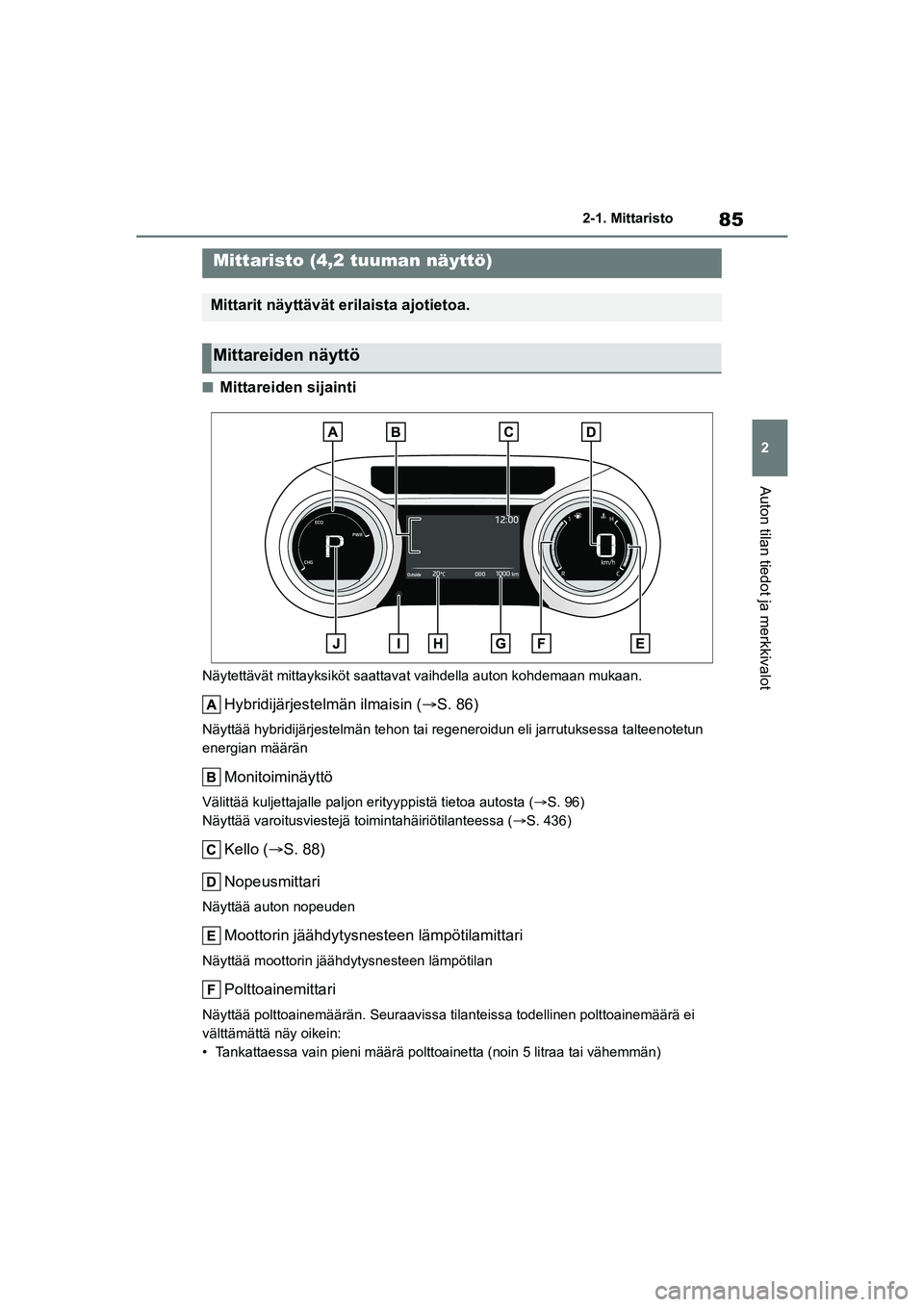 TOYOTA YARIS CROSS 2021  Omistajan Käsikirja (in Finnish) 85
2
YARIS CROSS Owners Manual_Europe_OM52K60FI
2-1. Mittaristo
Auton tilan tiedot ja merkkivalot
nMittareiden sijainti
Näytettävät mittayksiköt saattavat vaihdella  auton kohdemaan mukaan.
Hybri