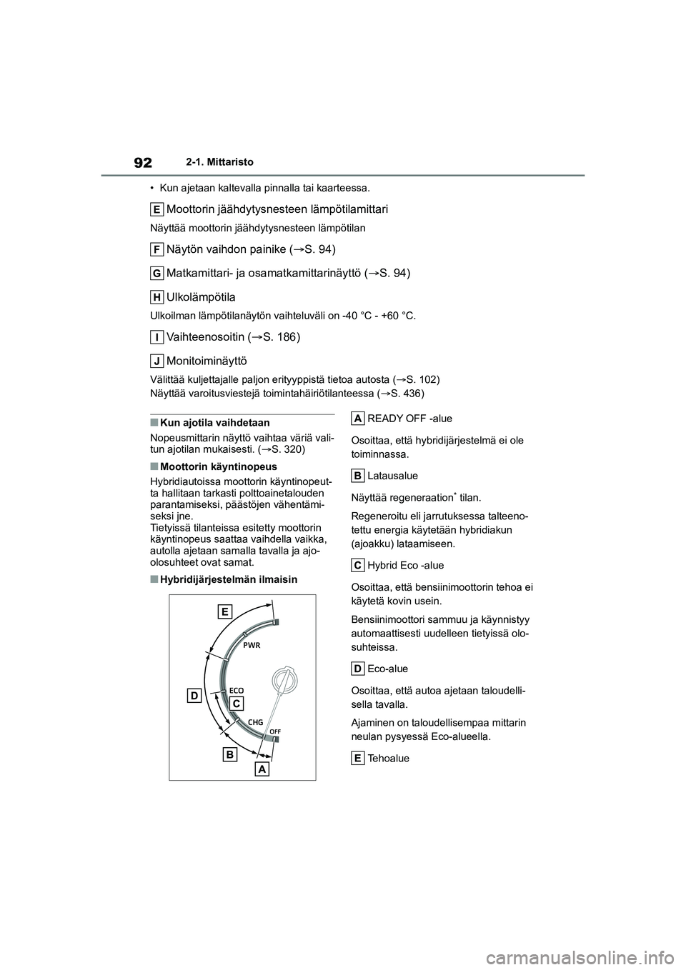 TOYOTA YARIS CROSS 2021  Omistajan Käsikirja (in Finnish) 92
YARIS CROSS Owners Manual_Europe_OM52K60FI
2-1. Mittaristo
• Kun ajetaan kaltevalla pinnalla tai kaarteessa.
Moottorin jäähdytysnesteen lämpötilamittari
Näyttää moottorin jäähdytysneste