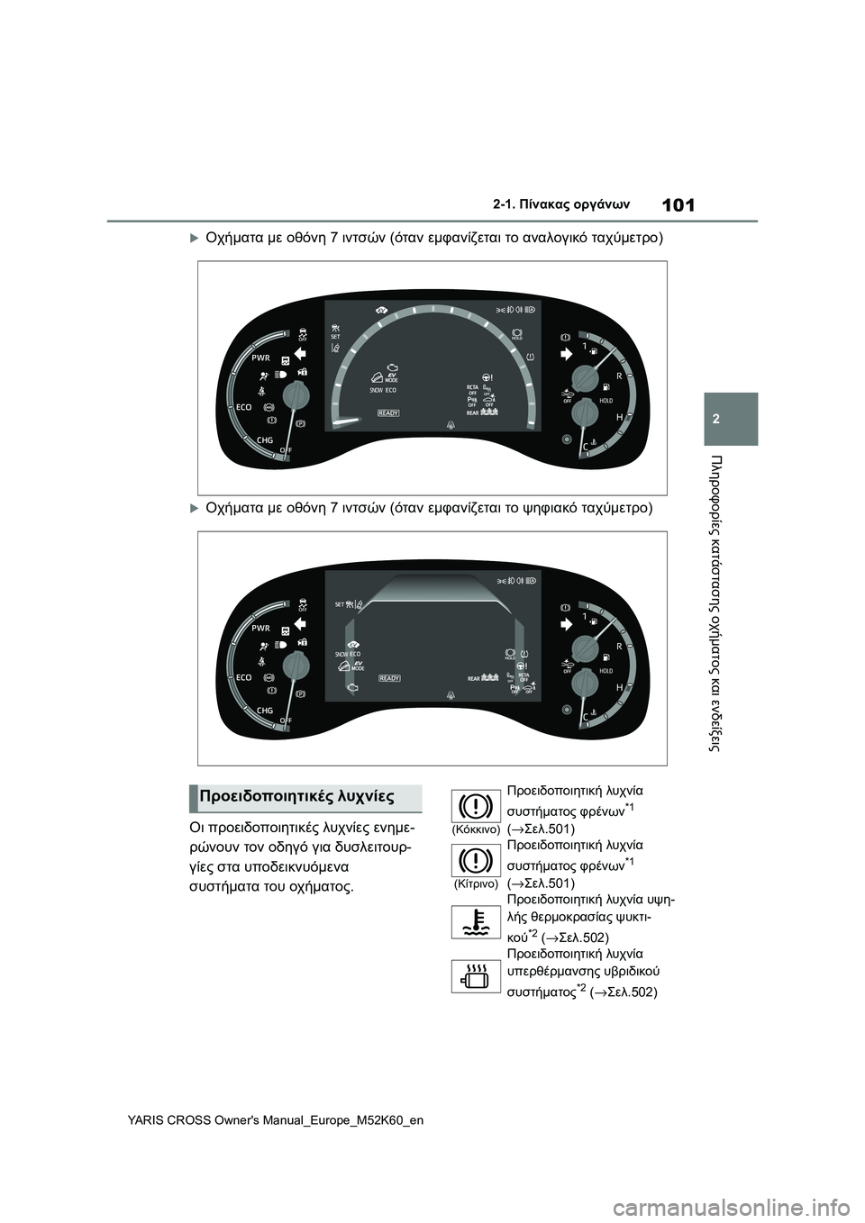 TOYOTA YARIS CROSS 2021  ΟΔΗΓΌΣ ΧΡΉΣΗΣ (in Greek) 101
2
YARIS CROSS Owners Manual_Europe_M52K60_en
2-1. Πίνακας οργάνων
Πληροφορίες κατάστασης οχήματος και ενδείξεις
Οχήματα με οθ