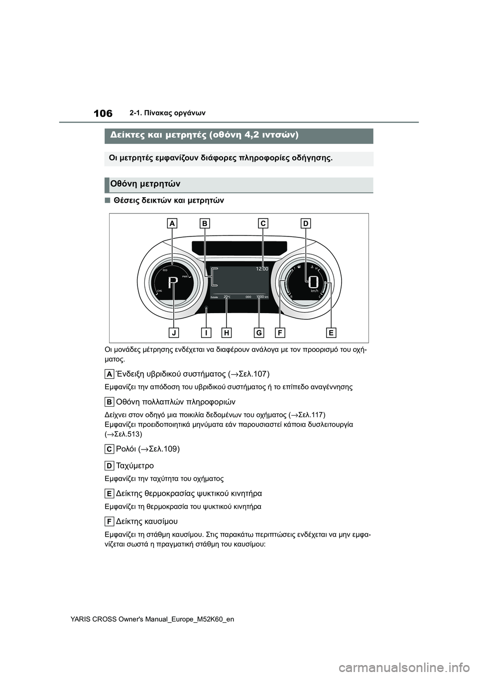 TOYOTA YARIS CROSS 2021  ΟΔΗΓΌΣ ΧΡΉΣΗΣ (in Greek) 106
YARIS CROSS Owners Manual_Europe_M52K60_en
2-1. Πίνακας οργάνων
■Θέσεις δεικτών και μετρητών
Οι μονάδες μέτρησης ενδέχεται να 
