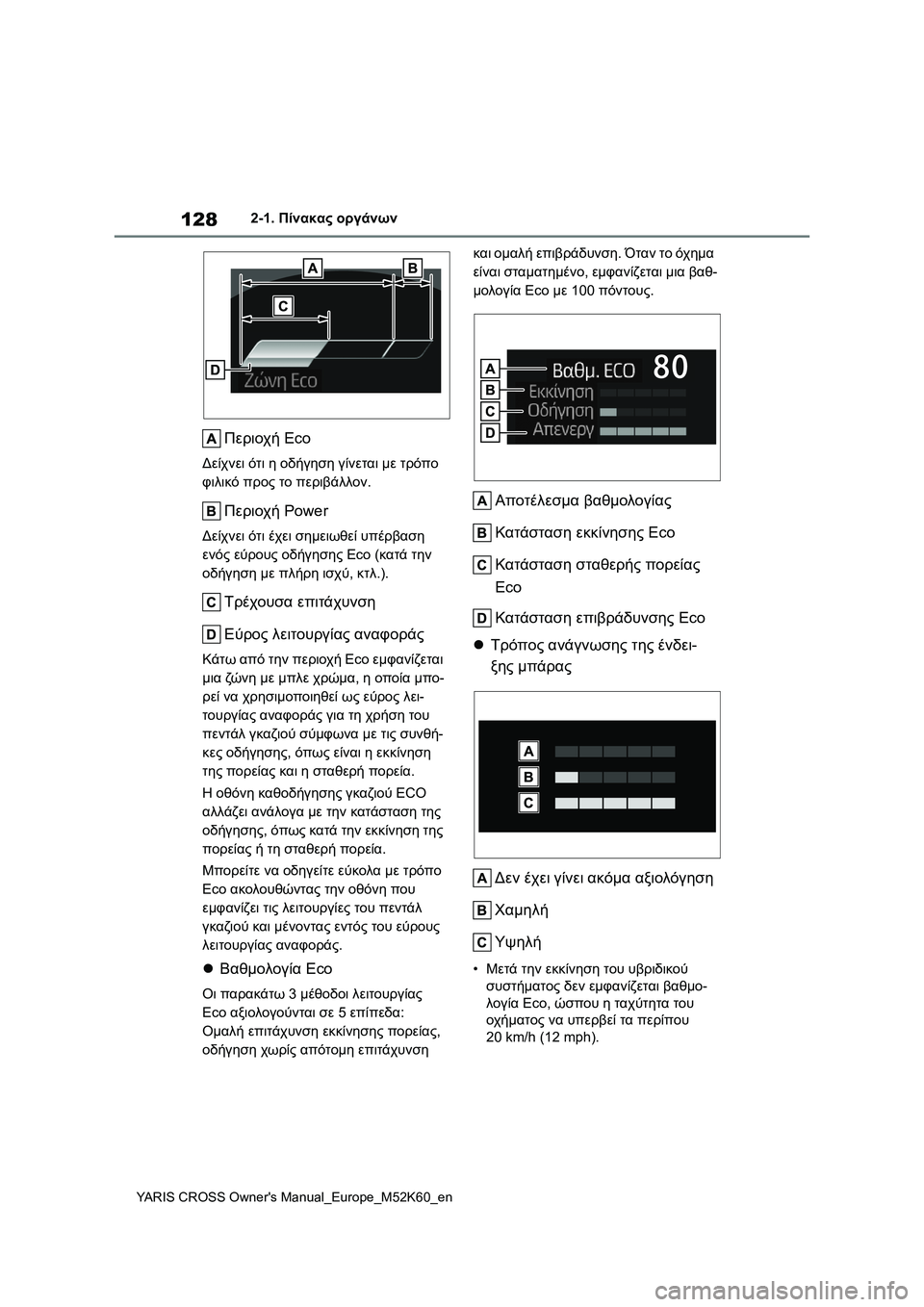 TOYOTA YARIS CROSS 2021  ΟΔΗΓΌΣ ΧΡΉΣΗΣ (in Greek) 128
YARIS CROSS Owners Manual_Europe_M52K60_en
2-1. Πίνακας οργάνων
Περιοχή Eco
Δείχνει ότι η οδήγηση γίνεται με τρόπο 
φιλικό προς το