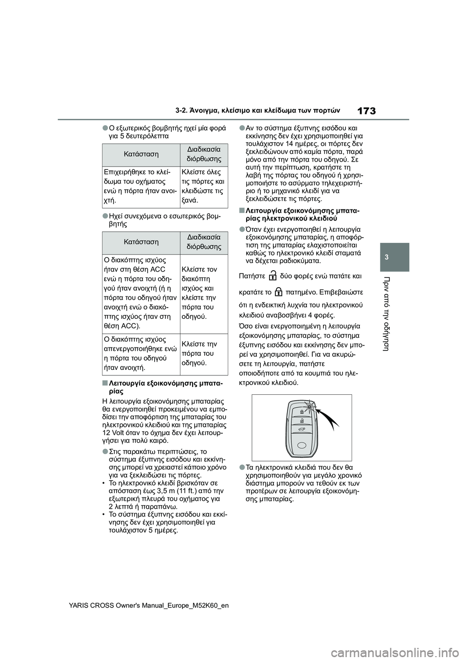 TOYOTA YARIS CROSS 2021 ΟΔΗΓΌΣ ΧΡΉΣΗΣ (in Greek) 173
3
YARIS CROSS Owners Manual_Europe_M52K60_en
3-2. Άνοιγμα, κλείσιμο και κλείδωμα των πορτών
Πριν από την οδήγηση
●Ο εξωτερικός β TOYOTA YARIS CROSS 2021 ΟΔΗΓΌΣ ΧΡΉΣΗΣ (in Greek) 173
3
YARIS CROSS Owners Manual_Europe_M52K60_en
3-2. Άνοιγμα, κλείσιμο και κλείδωμα των πορτών
Πριν από την οδήγηση
●Ο εξωτερικός β