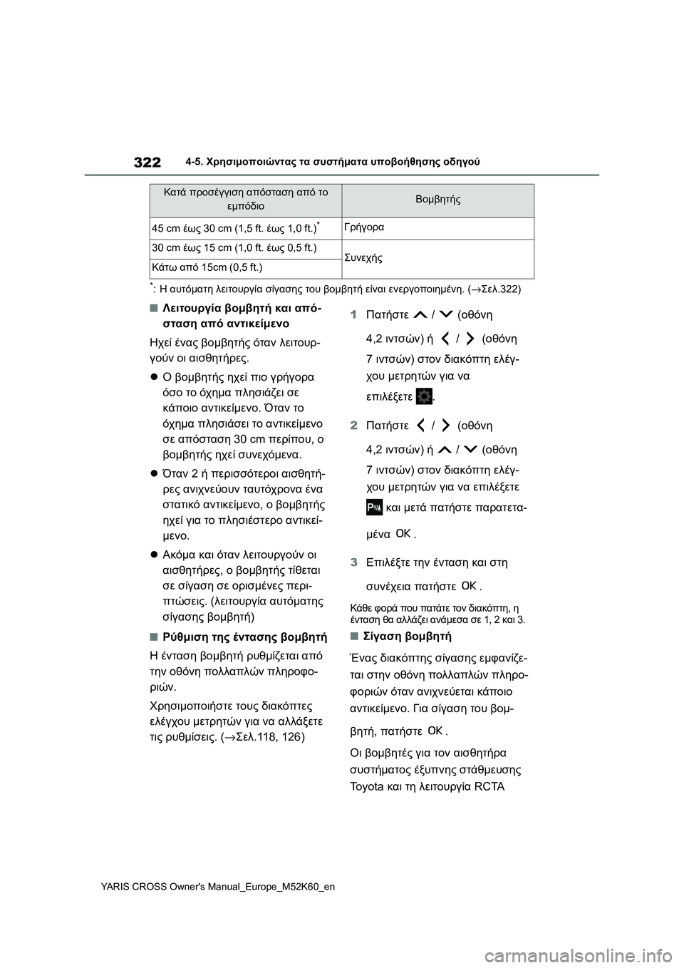 TOYOTA YARIS CROSS 2021  ΟΔΗΓΌΣ ΧΡΉΣΗΣ (in Greek) 322
YARIS CROSS Owners Manual_Europe_M52K60_en
4-5. Χρησιμοποιώντας τα συστήματα υποβοήθησης οδηγού
*:Η αυτόματη λειτουργία σίγαση