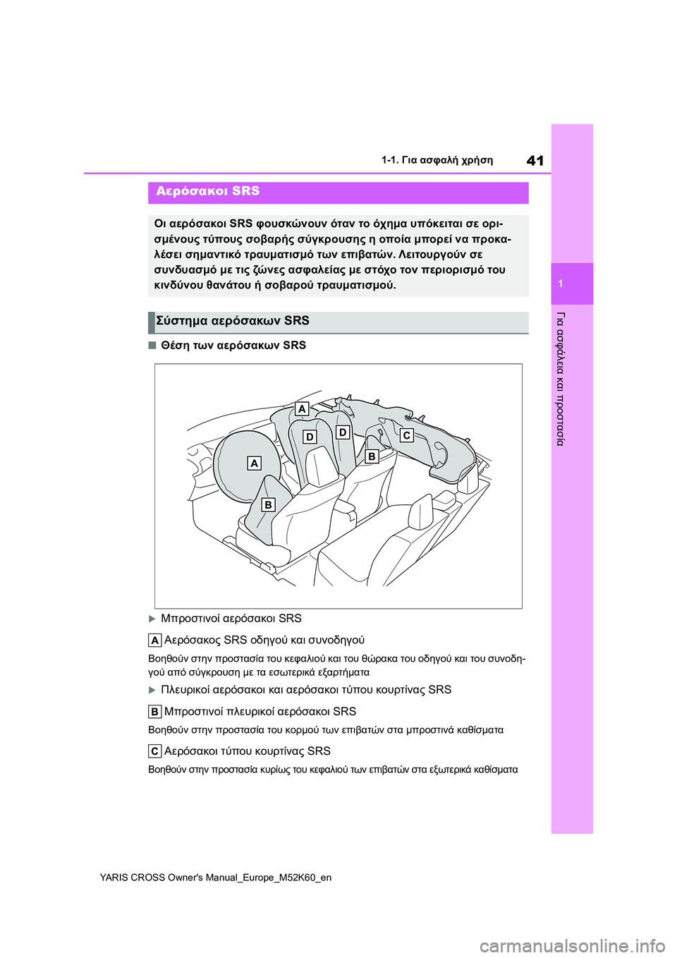 TOYOTA YARIS CROSS 2021  ΟΔΗΓΌΣ ΧΡΉΣΗΣ (in Greek) 41
1
YARIS CROSS Owners Manual_Europe_M52K60_en
1-1. Για ασφαλή χρήση
Για ασφάλεια και προστασία
■Θέση των αερόσακων SRS
Μπροστινοί