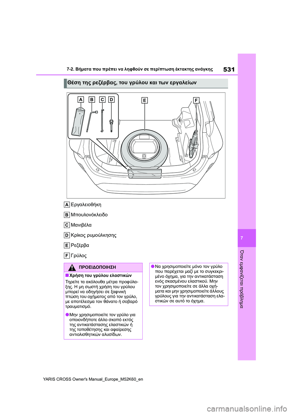 TOYOTA YARIS CROSS 2021  ΟΔΗΓΌΣ ΧΡΉΣΗΣ (in Greek) 531
7
YARIS CROSS Owners Manual_Europe_M52K60_en
7-2. Βήματα που πρέπει να ληφθούν σε περίπτωση έκτακτης ανάγκης
Όταν εμφανίζεται πρ