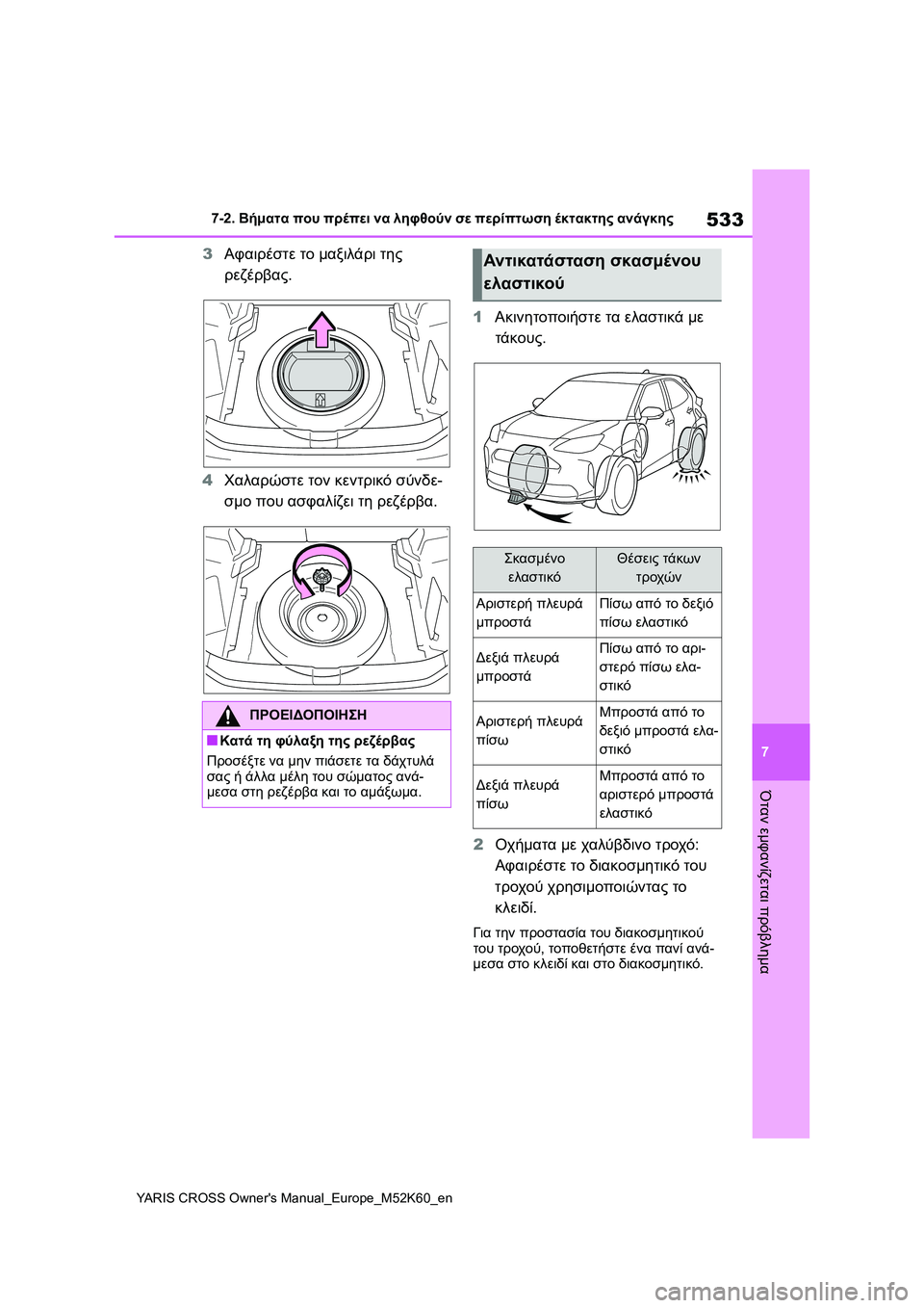 TOYOTA YARIS CROSS 2021  ΟΔΗΓΌΣ ΧΡΉΣΗΣ (in Greek) 533
7
YARIS CROSS Owners Manual_Europe_M52K60_en
7-2. Βήματα που πρέπει να ληφθούν σε περίπτωση έκτακτης ανάγκης
Όταν εμφανίζεται πρ