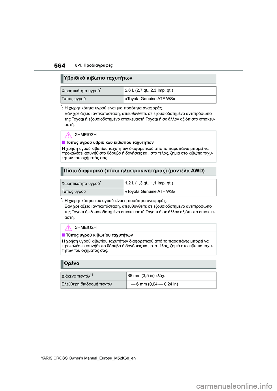 TOYOTA YARIS CROSS 2021 ΟΔΗΓΌΣ ΧΡΉΣΗΣ (in Greek) 564
YARIS CROSS Owners Manual_Europe_M52K60_en
8-1. Προδιαγραφές
*:Η χωρητικότητα υγρού είναι μια ποσότητα αναφοράς.
Εάν χρειάζεται TOYOTA YARIS CROSS 2021 ΟΔΗΓΌΣ ΧΡΉΣΗΣ (in Greek) 564
YARIS CROSS Owners Manual_Europe_M52K60_en
8-1. Προδιαγραφές
*:Η χωρητικότητα υγρού είναι μια ποσότητα αναφοράς.
Εάν χρειάζεται