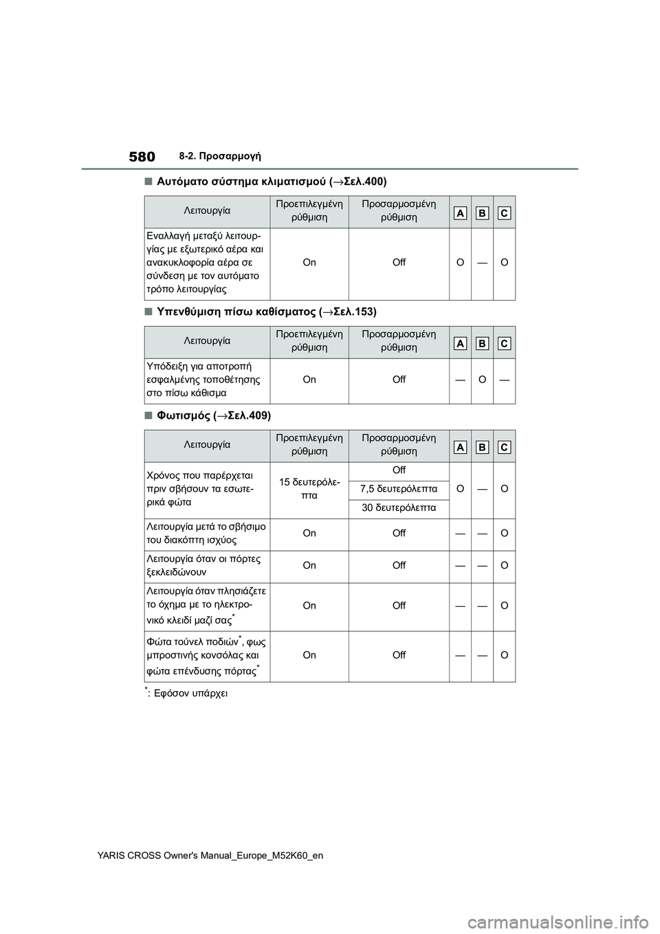 TOYOTA YARIS CROSS 2021  ΟΔΗΓΌΣ ΧΡΉΣΗΣ (in Greek) 580
YARIS CROSS Owners Manual_Europe_M52K60_en
8-2. Προσαρμογή
■Αυτόματο σύστημα κλιματισμού (→Σελ.400)
■Υπενθύμιση πίσω καθίσματο