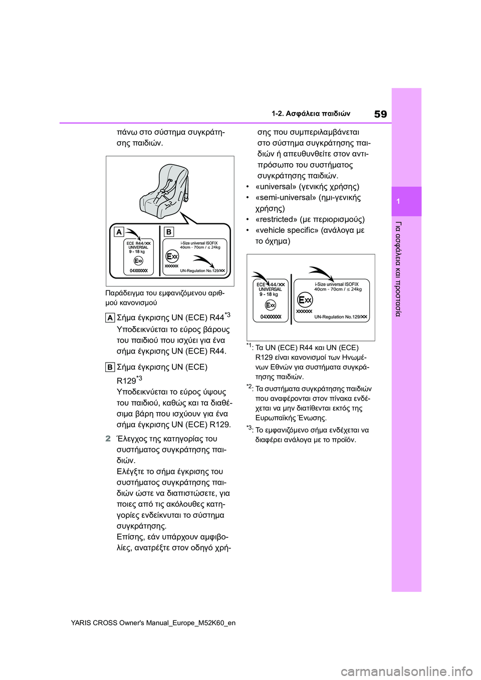 TOYOTA YARIS CROSS 2021  ΟΔΗΓΌΣ ΧΡΉΣΗΣ (in Greek) 59
1
YARIS CROSS Owners Manual_Europe_M52K60_en
1-2. Ασφάλεια παιδιών
Για ασφάλεια και προστασία
πάνω στο σύστημα συγκράτη-
σης παιδ