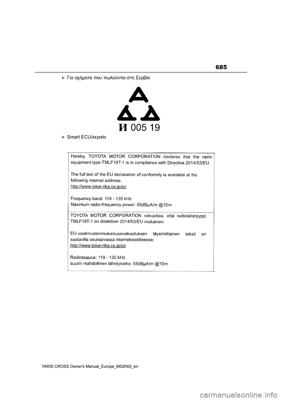 TOYOTA YARIS CROSS 2021  ΟΔΗΓΌΣ ΧΡΉΣΗΣ (in Greek) 685
YARIS CROSS Owners Manual_Europe_M52K60_en
Για οχήματα που πωλούνται στη Σερβία
Smart ECU/κεραία 